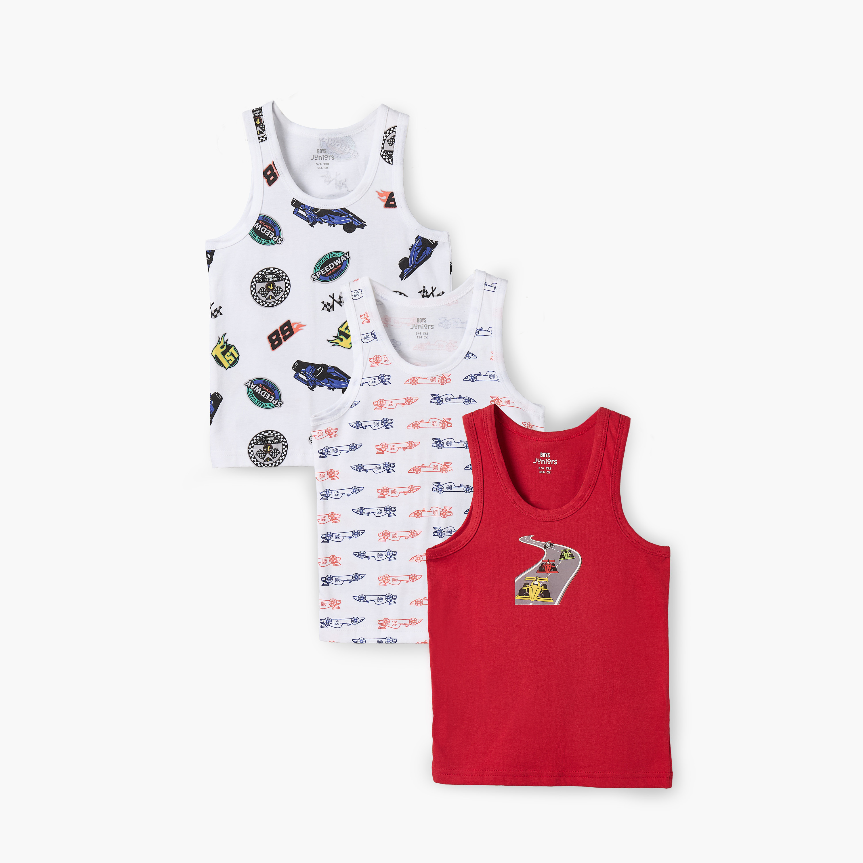 فيستات قطن بطبعات سيارات سباق وياقة مستديرة من جونيورز - عبوة 3 قطع-baby-boys-clothing-innerwear-image-1