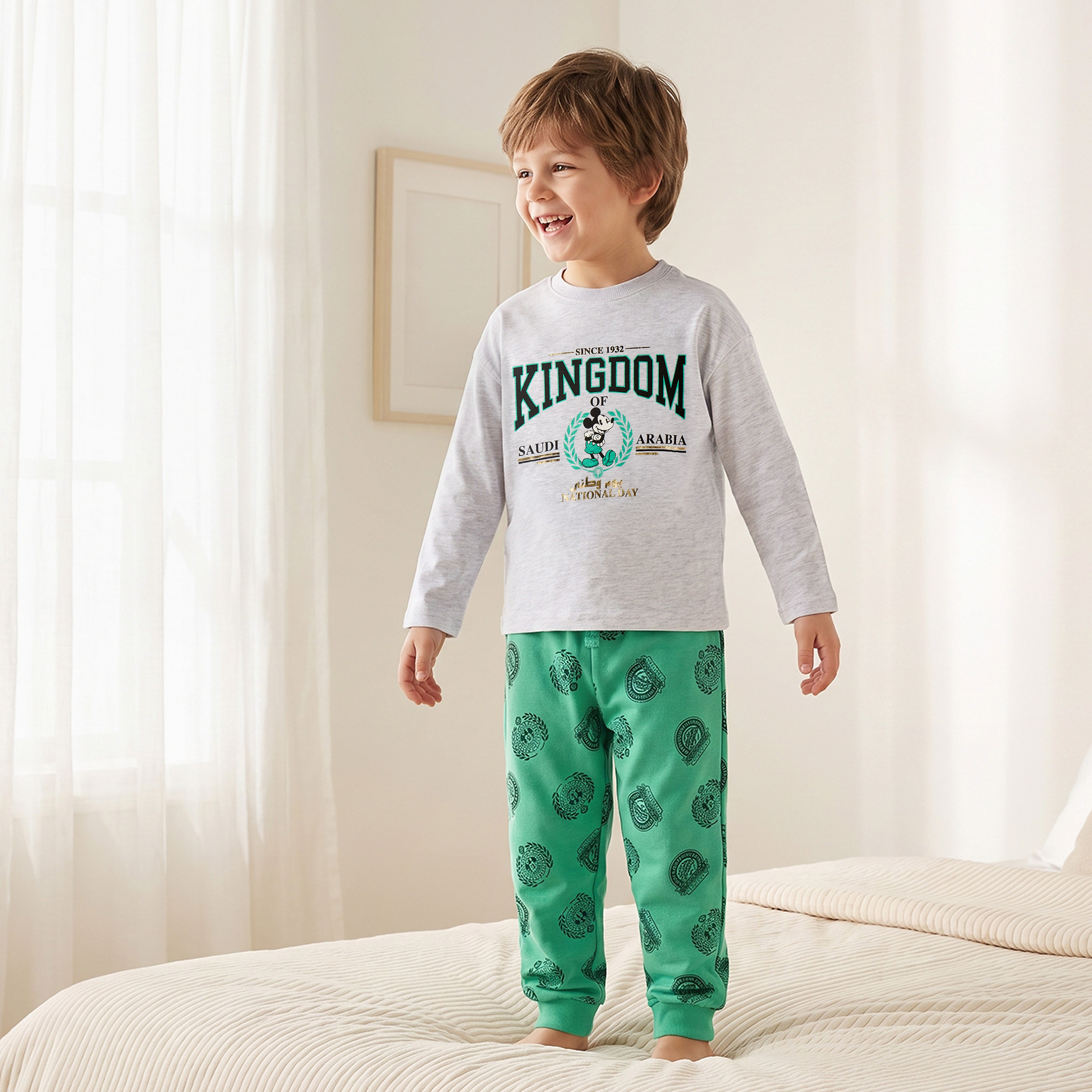Disney Cotton Crew Neck Long Sleeves Pyjama Set with KSA National Day Print-boys-clothing-nightwear-image-1