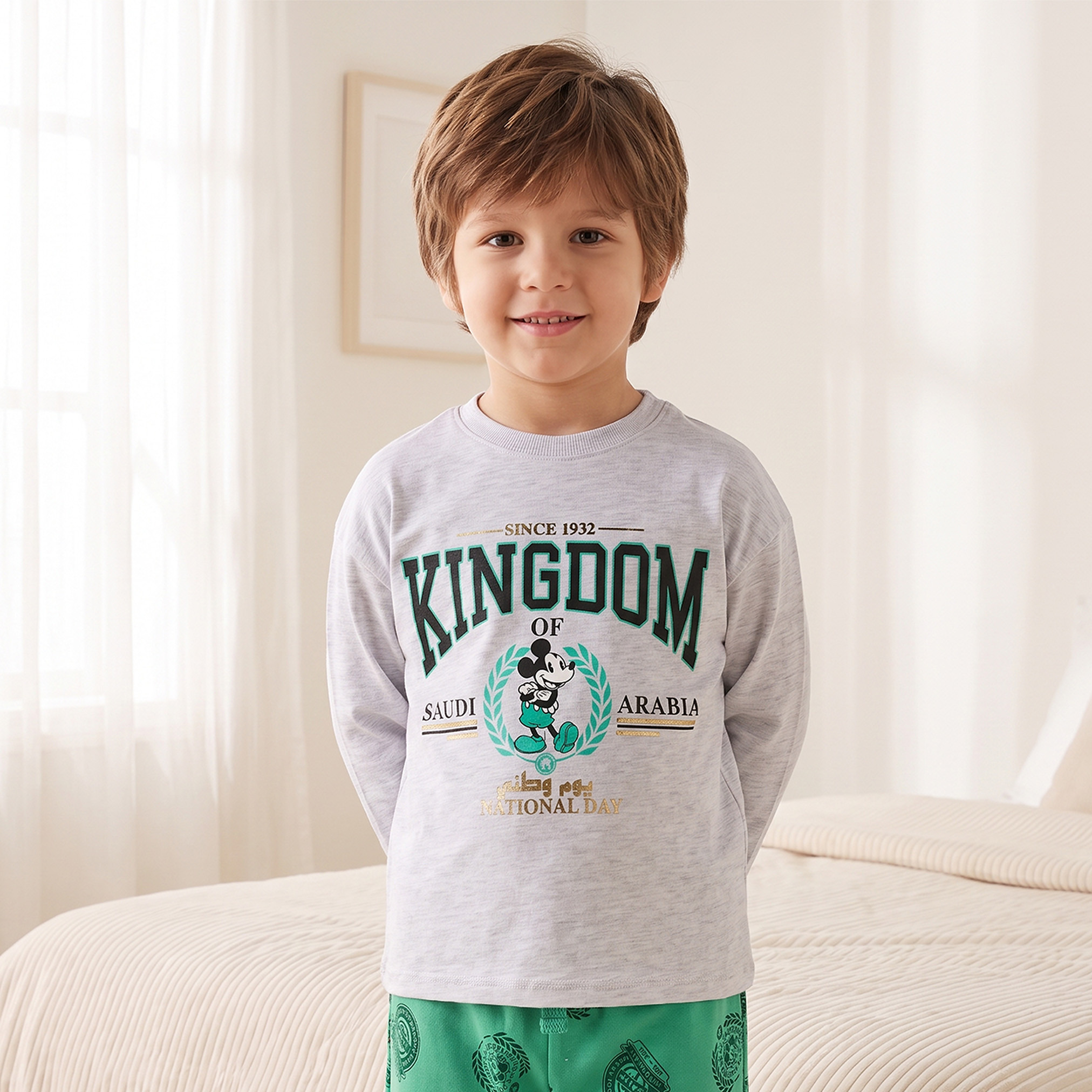 Disney Cotton Crew Neck Long Sleeves Pyjama Set with KSA National Day Print-boys-clothing-nightwear-image-2