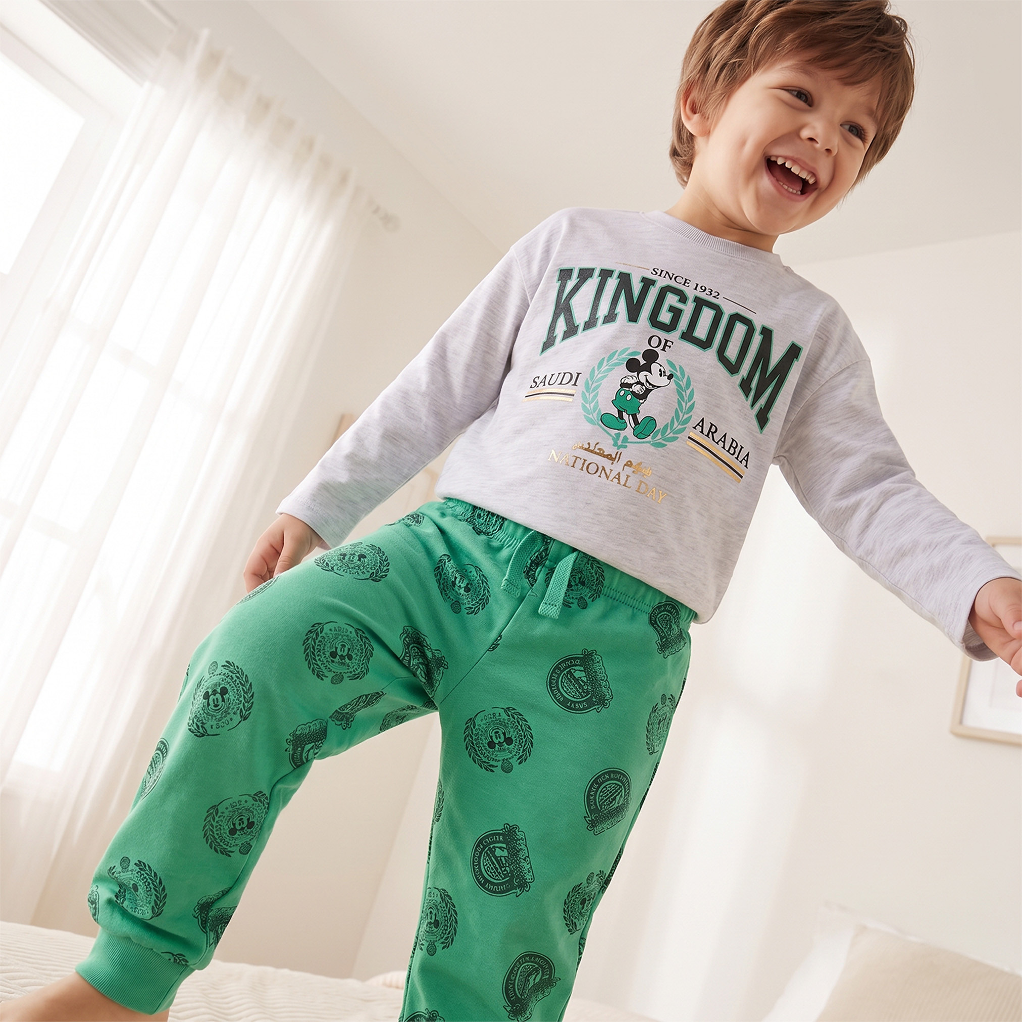 Disney Cotton Crew Neck Long Sleeves Pyjama Set with KSA National Day Print-boys-clothing-nightwear-image-7