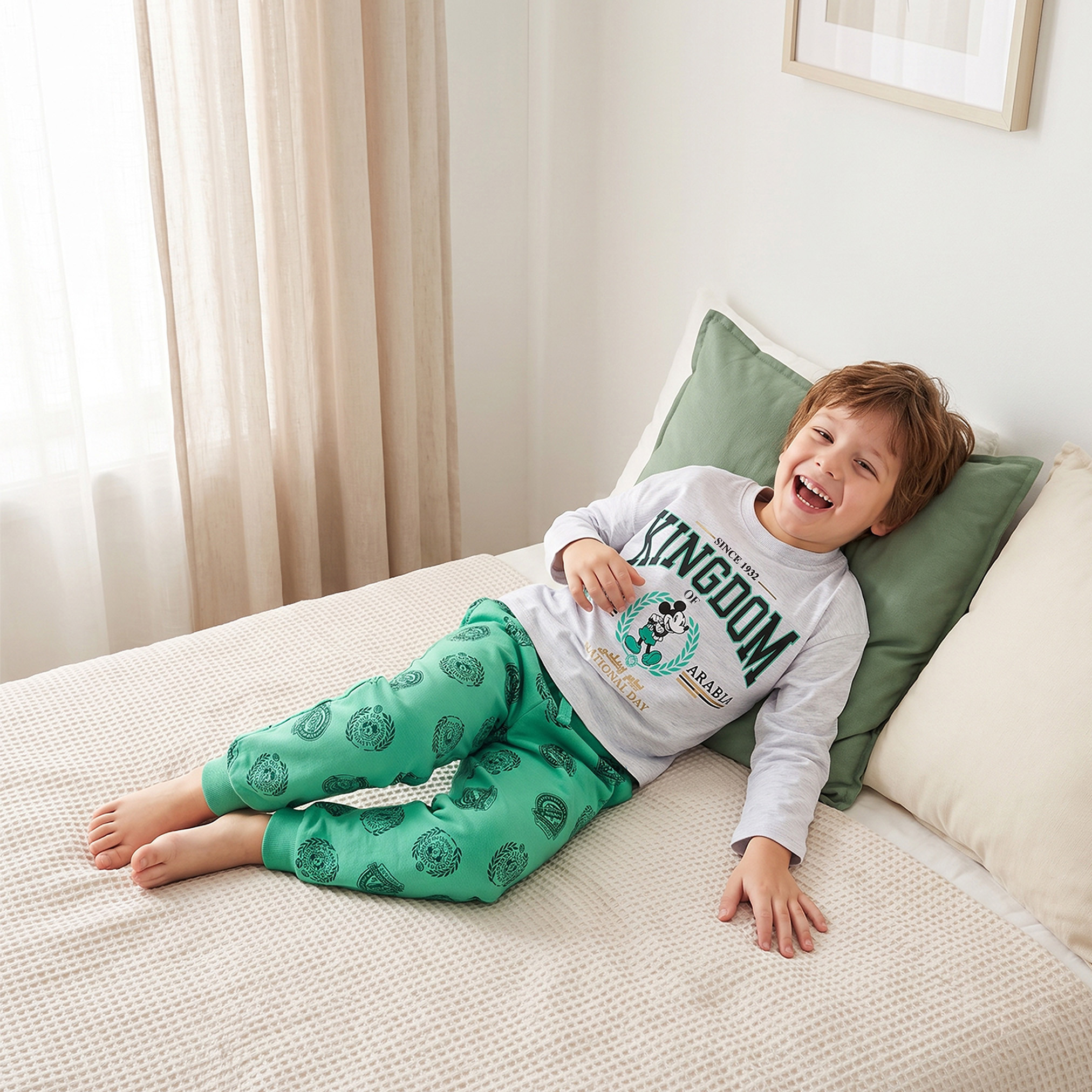 Disney Cotton Crew Neck Long Sleeves Pyjama Set with KSA National Day Print-boys-clothing-nightwear-image-8