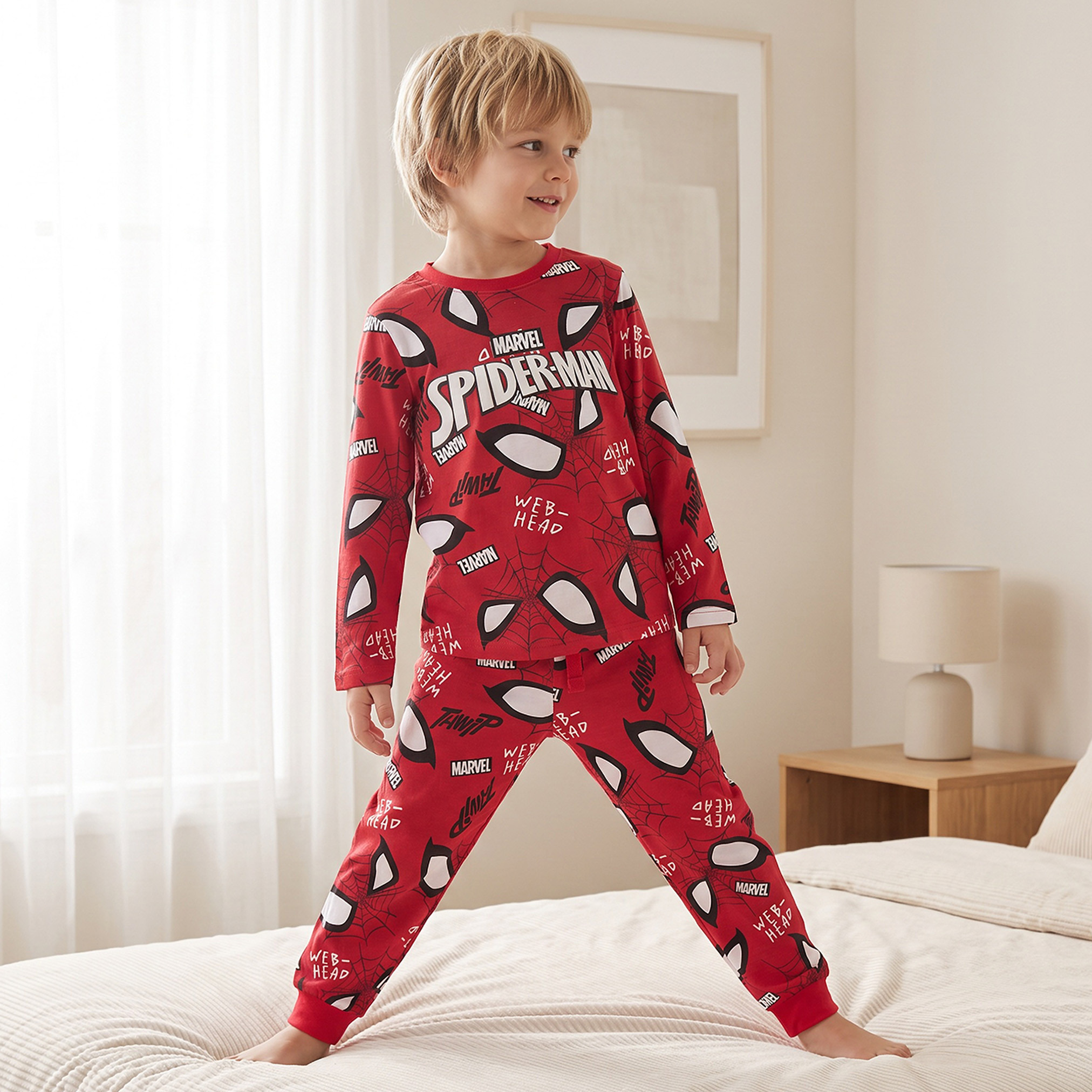 طقم بيجاما قطن بياقة ضيقة وأكمام طويلة وطبعات سبايدر مان من ديزني-boys-clothing-nightwear-image-3