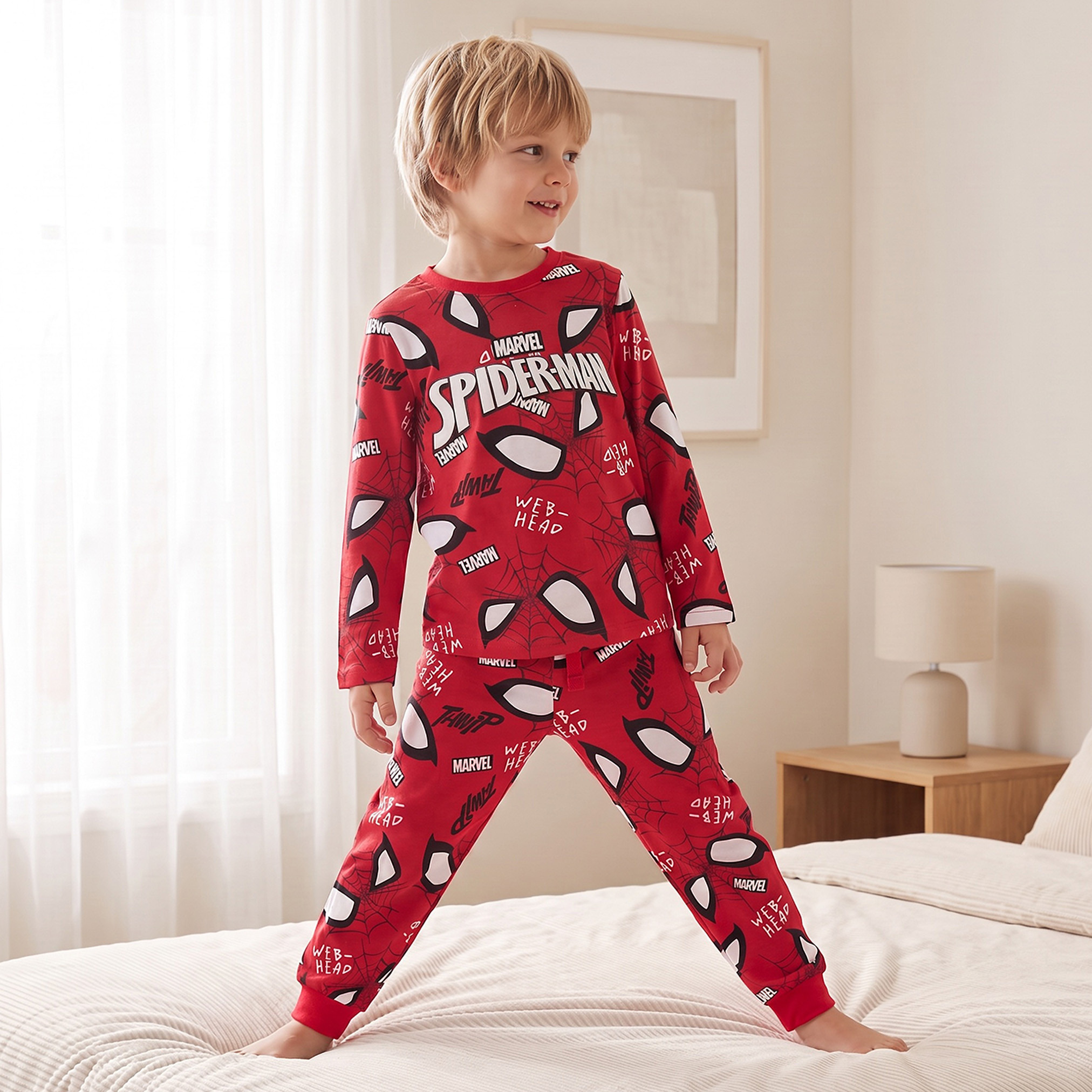 طقم بيجاما قطن بياقة ضيقة وأكمام طويلة وطبعات سبايدر مان من ديزني-boys-clothing-nightwear-image-8