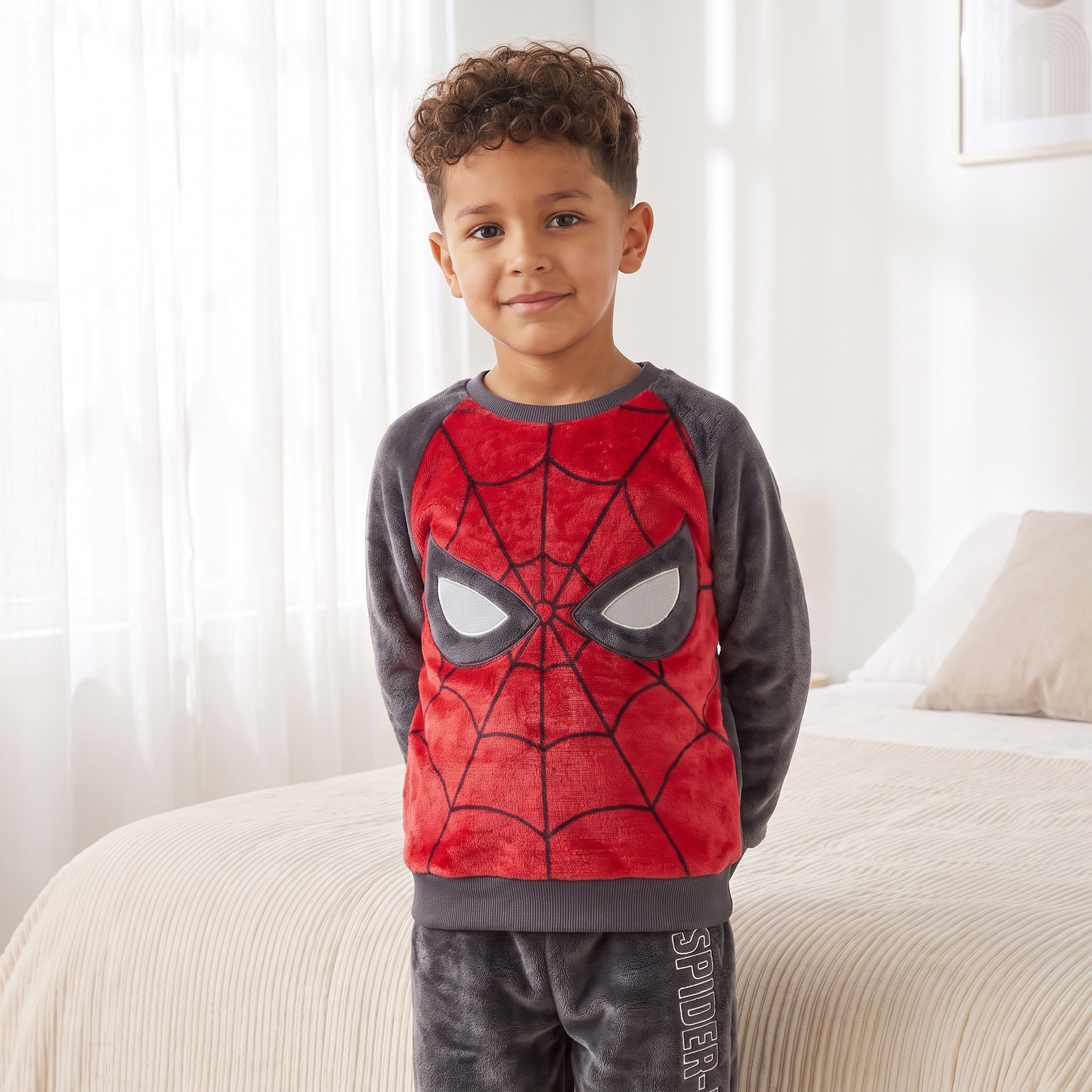طقم بيجاما بأكمام طويلة وياقة مستديرة بطبعات سبايدرمان بارزة الملمس-boys-clothing-nightwear-image-2