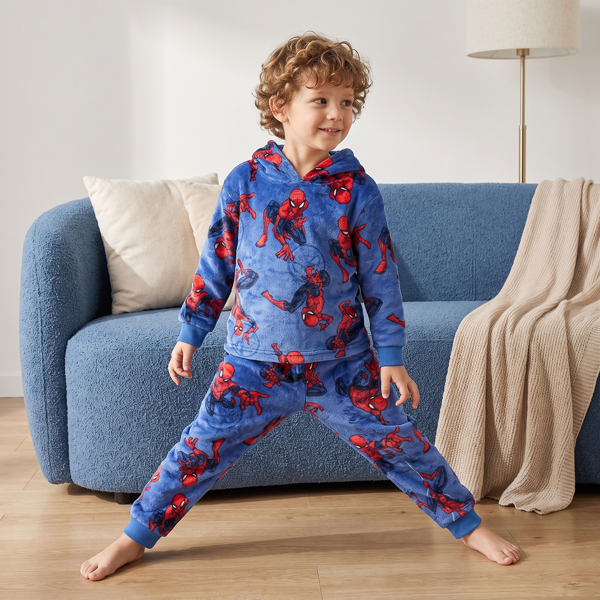 طقم بيجاما قطني بياقة بغطاء رأس وأكمام طويلة بطبعة سبايدر مان من جونيورز-boys-clothing-nightwear-image-1