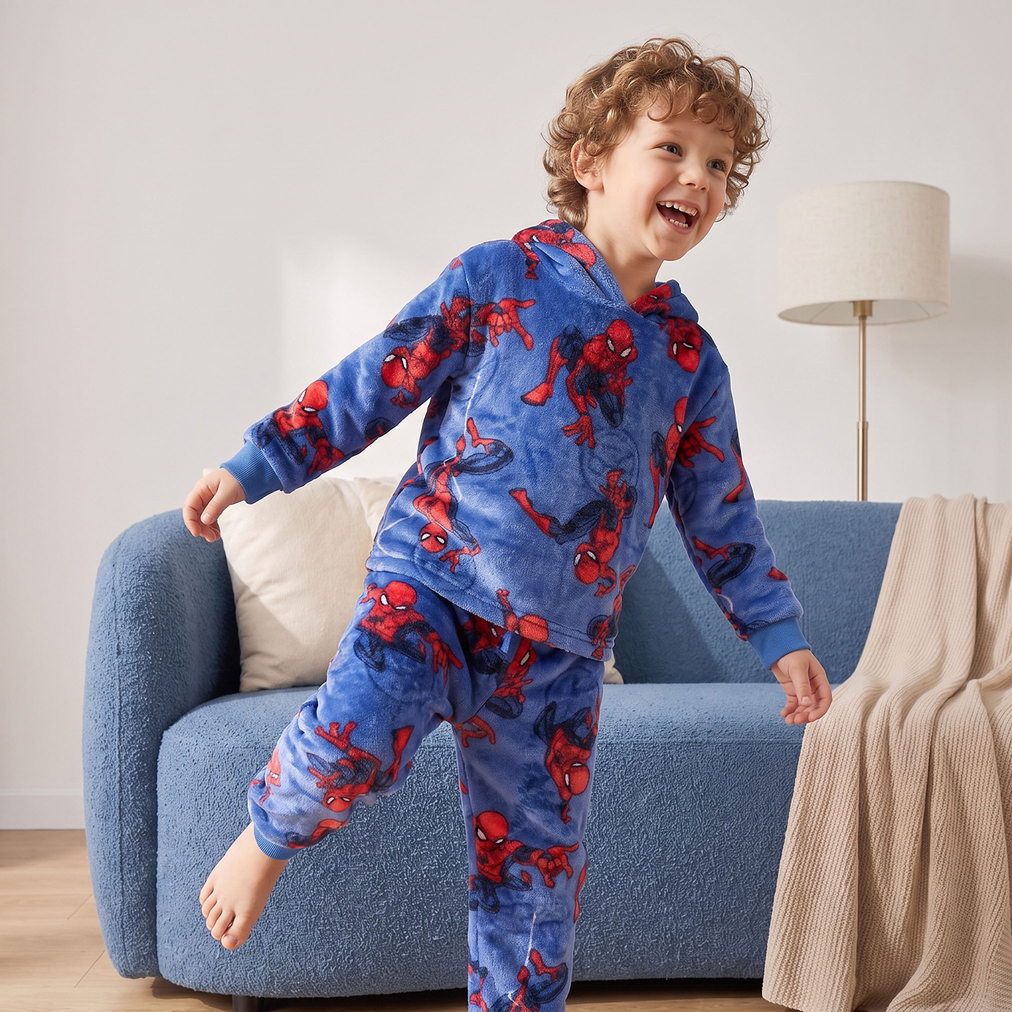 طقم بيجاما قطني بياقة بغطاء رأس وأكمام طويلة بطبعة سبايدر مان من جونيورز-boys-clothing-nightwear-image-5