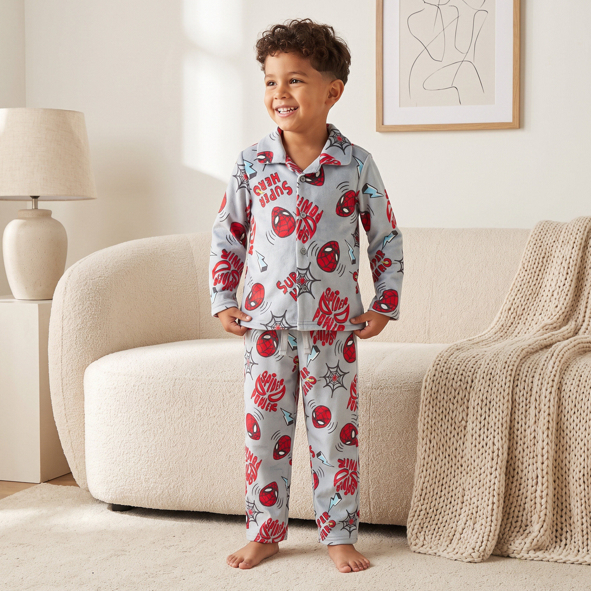 طقم بيجاما قطن بياقة وطبعات سبايدرمان وأكمام طويلة-boys-clothing-nightwear-image-1