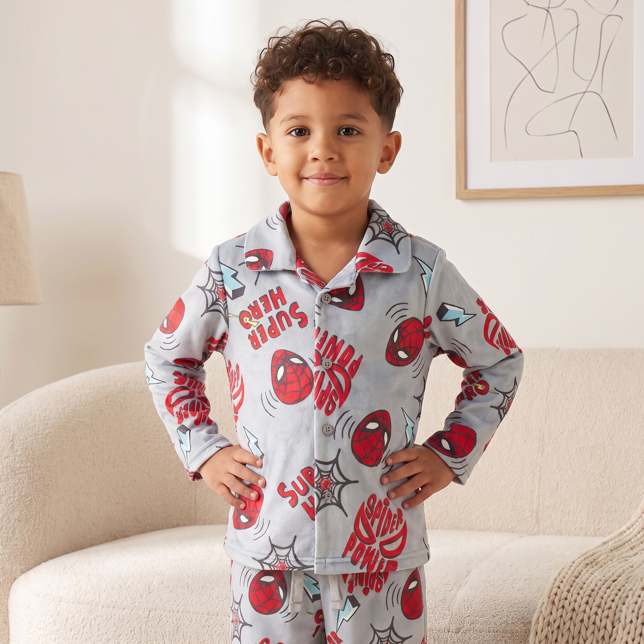 طقم بيجاما قطن بياقة وطبعات سبايدرمان وأكمام طويلة-boys-clothing-nightwear-image-2