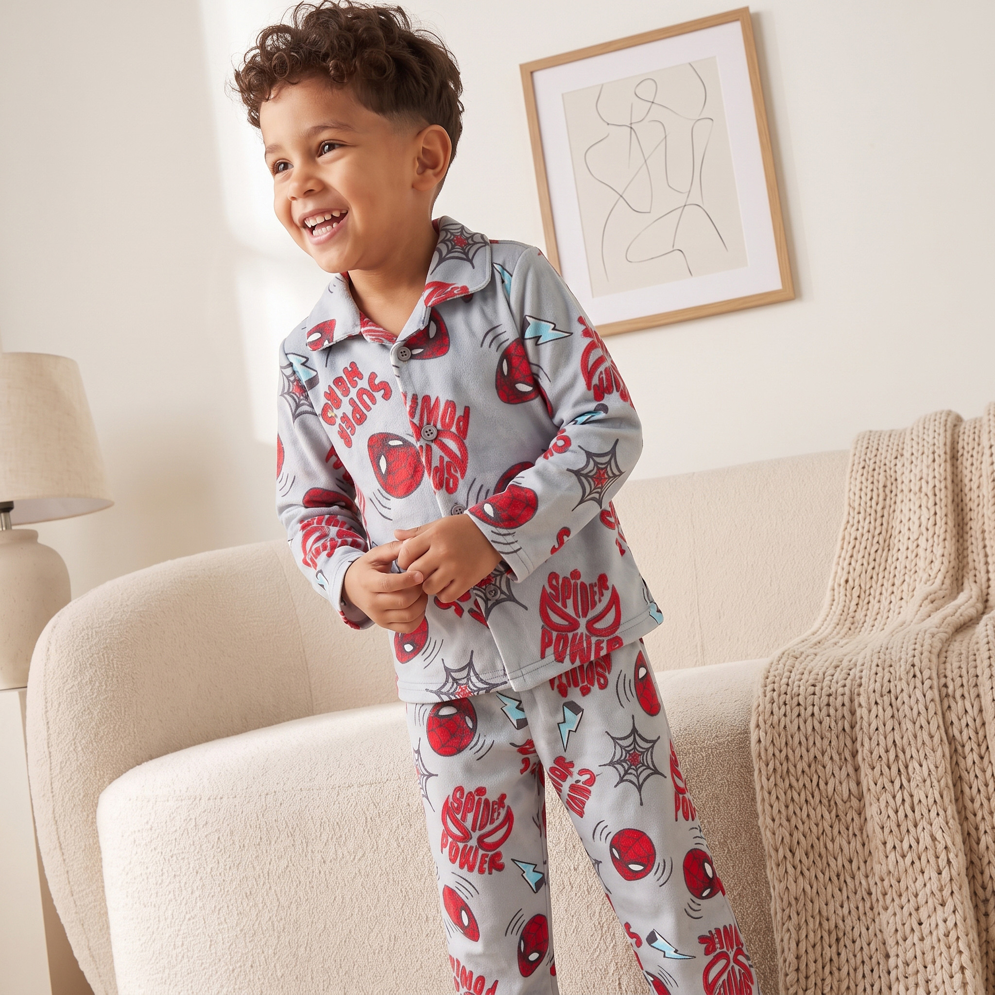 طقم بيجاما قطن بياقة وطبعات سبايدرمان وأكمام طويلة-boys-clothing-nightwear-image-5