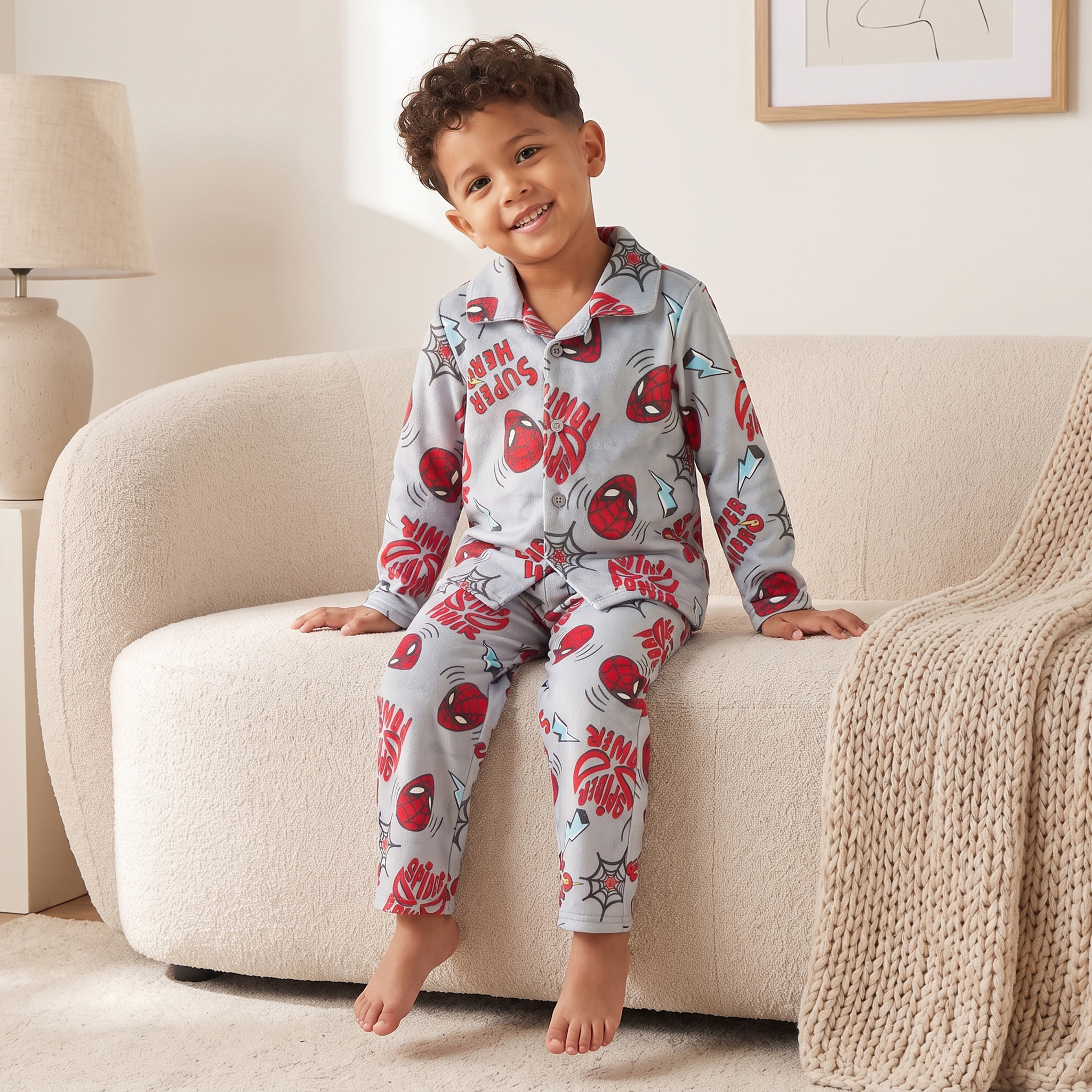طقم بيجاما قطن بياقة وطبعات سبايدرمان وأكمام طويلة-boys-clothing-nightwear-image-6