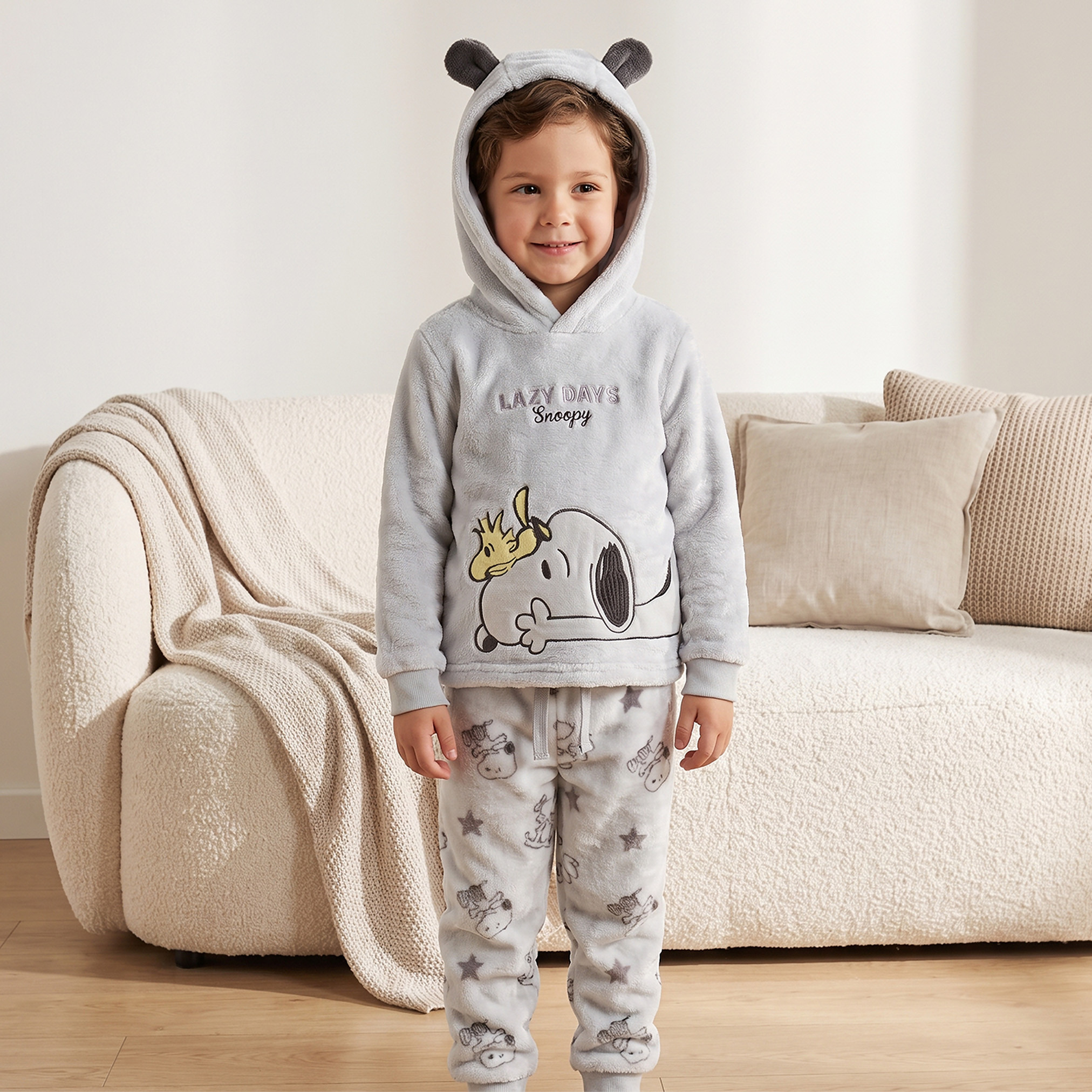 Cotton Hooded Neck Long Sleeves Pyjama Set with Snoopy Embroidery-boys-clothing-nightwear-image-1