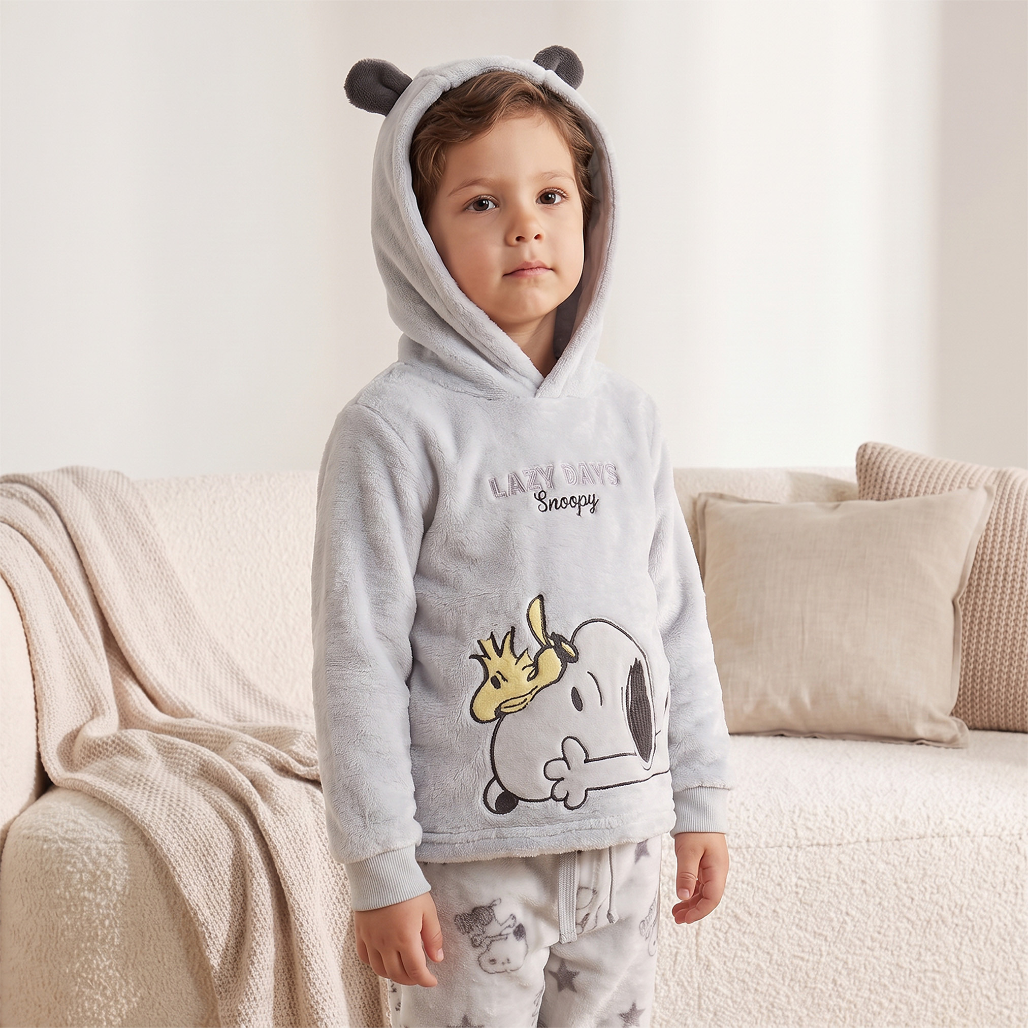 Cotton Hooded Neck Long Sleeves Pyjama Set with Snoopy Embroidery-boys-clothing-nightwear-image-2