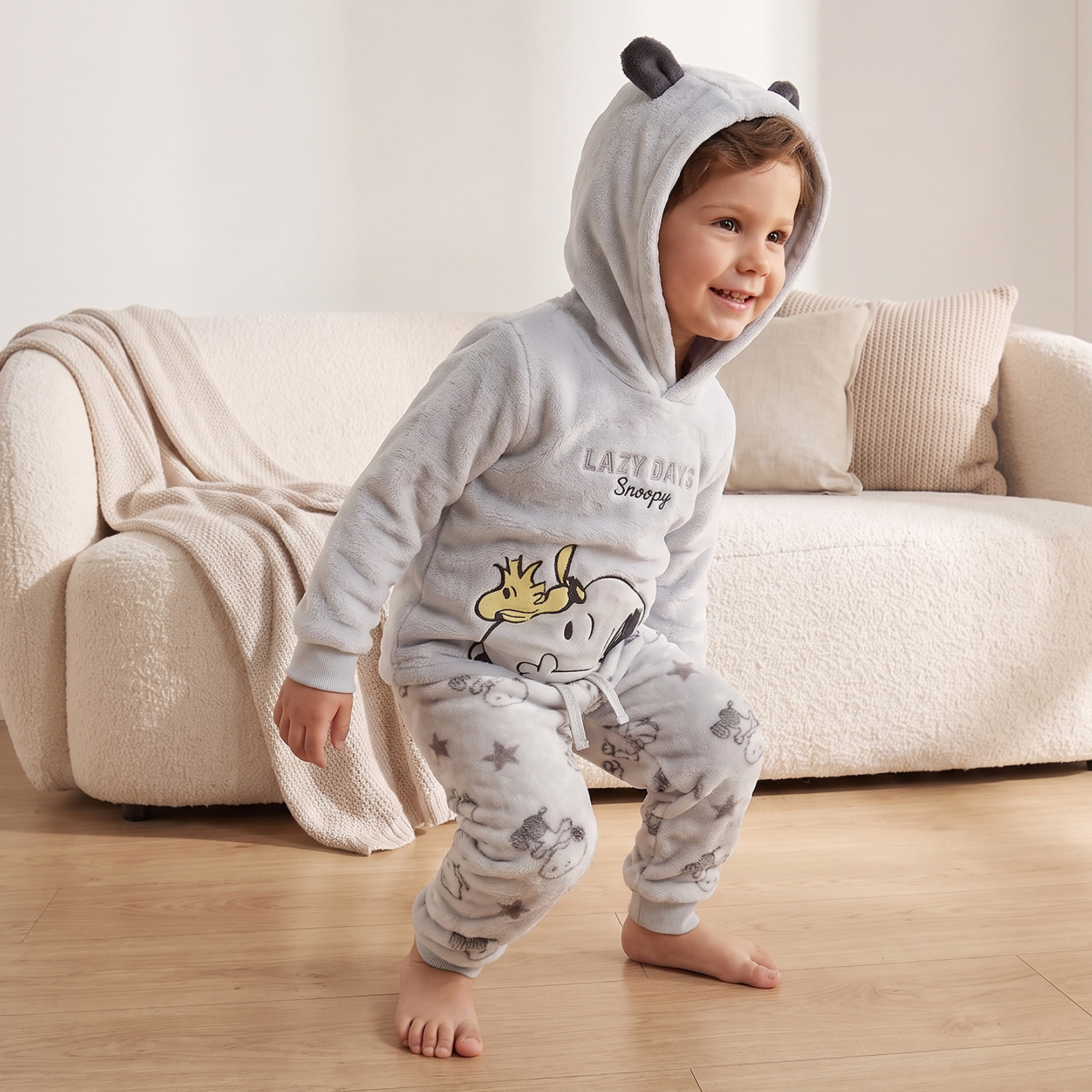 Cotton Hooded Neck Long Sleeves Pyjama Set with Snoopy Embroidery-boys-clothing-nightwear-image-5