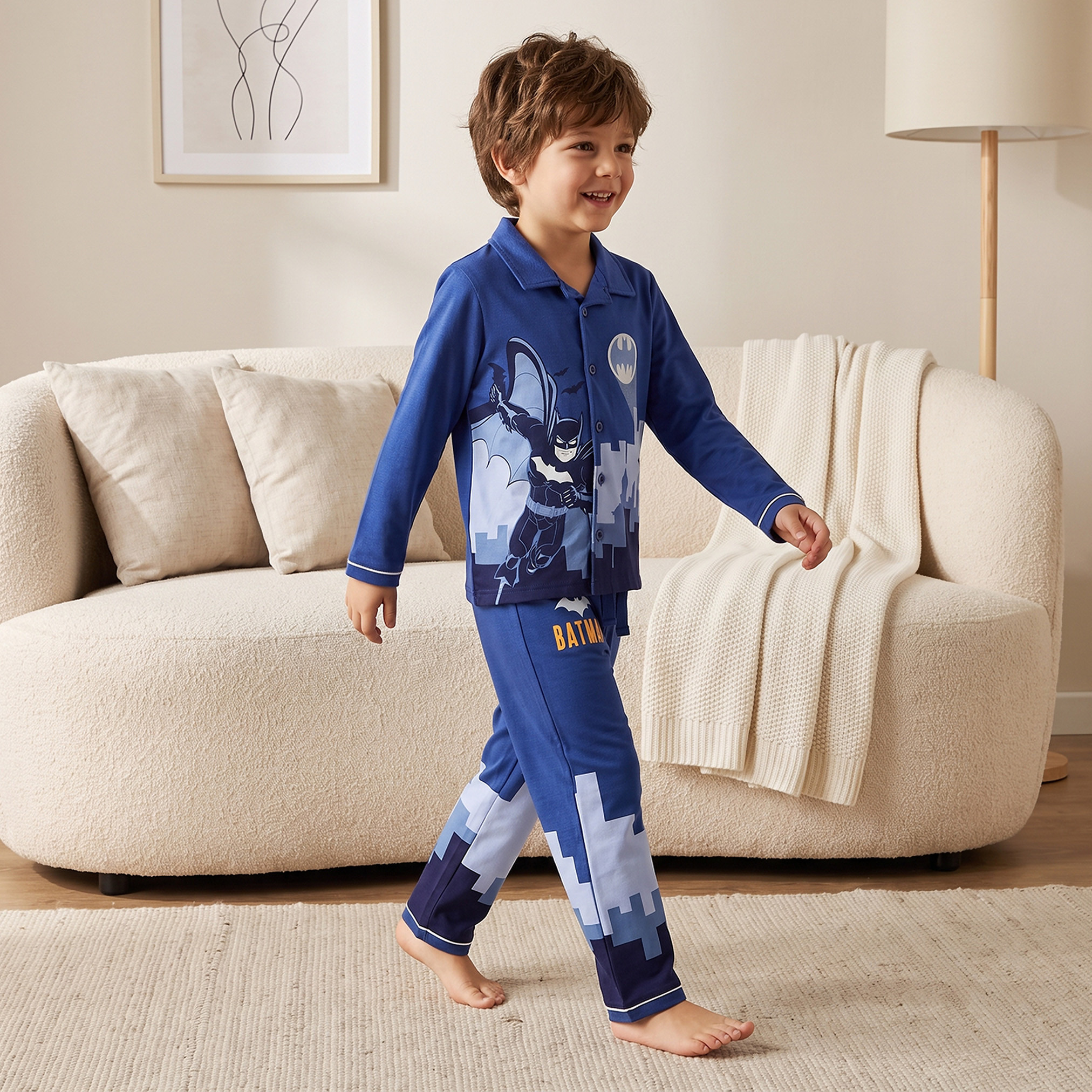 Cotton Collared Long Sleeves Pyjama Set with Batman Print-boys-clothing-nightwear-image-1