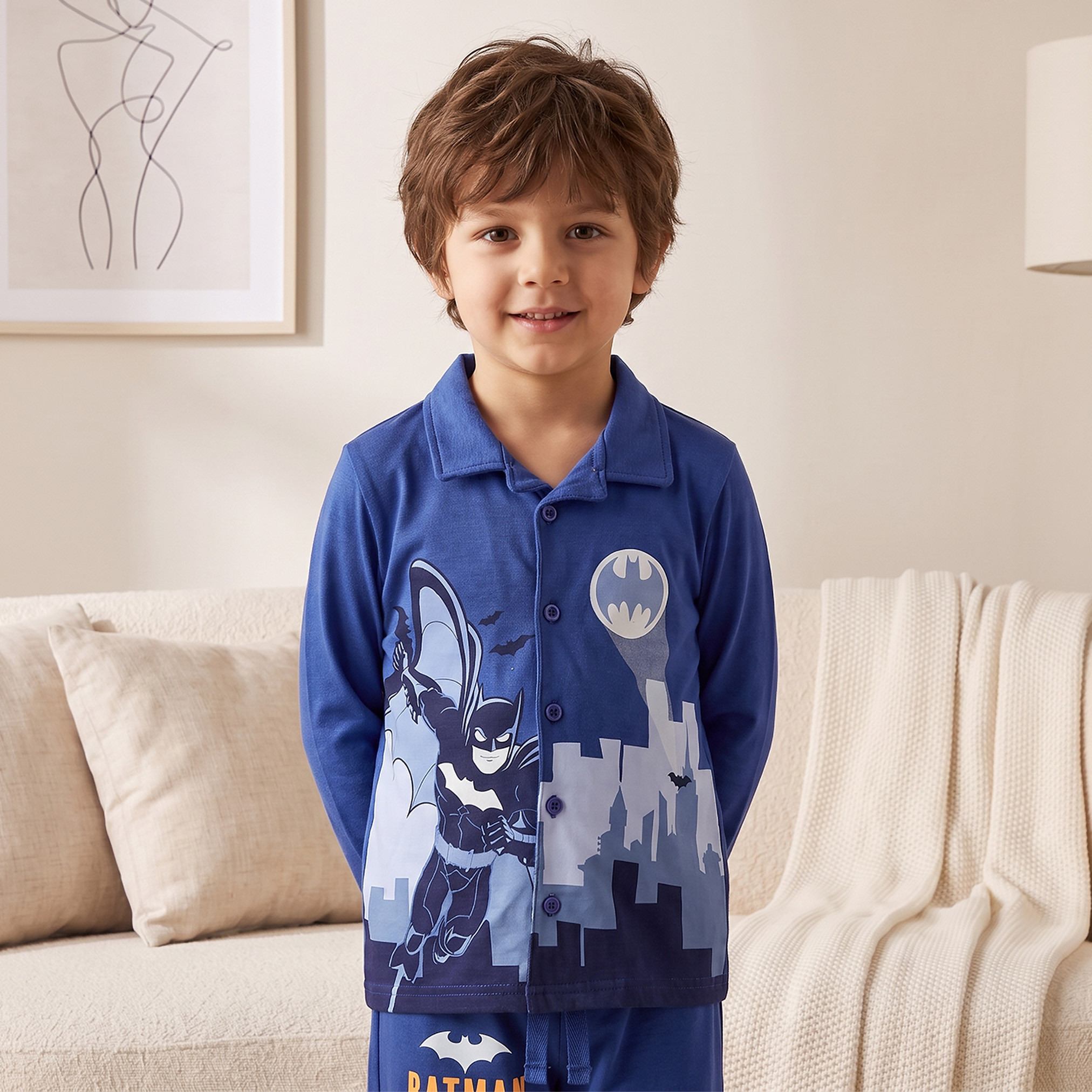 Cotton Collared Long Sleeves Pyjama Set with Batman Print-boys-clothing-nightwear-image-2