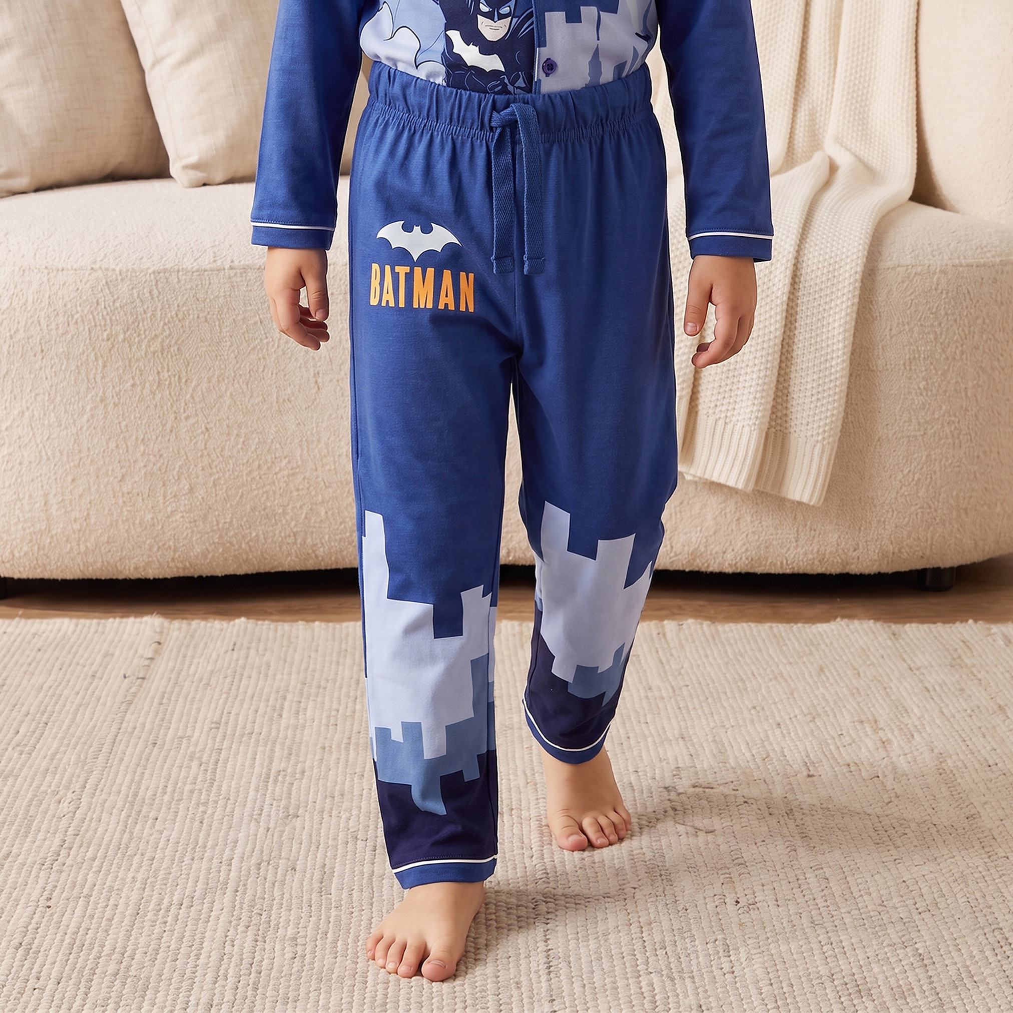 Cotton Collared Long Sleeves Pyjama Set with Batman Print-boys-clothing-nightwear-image-3