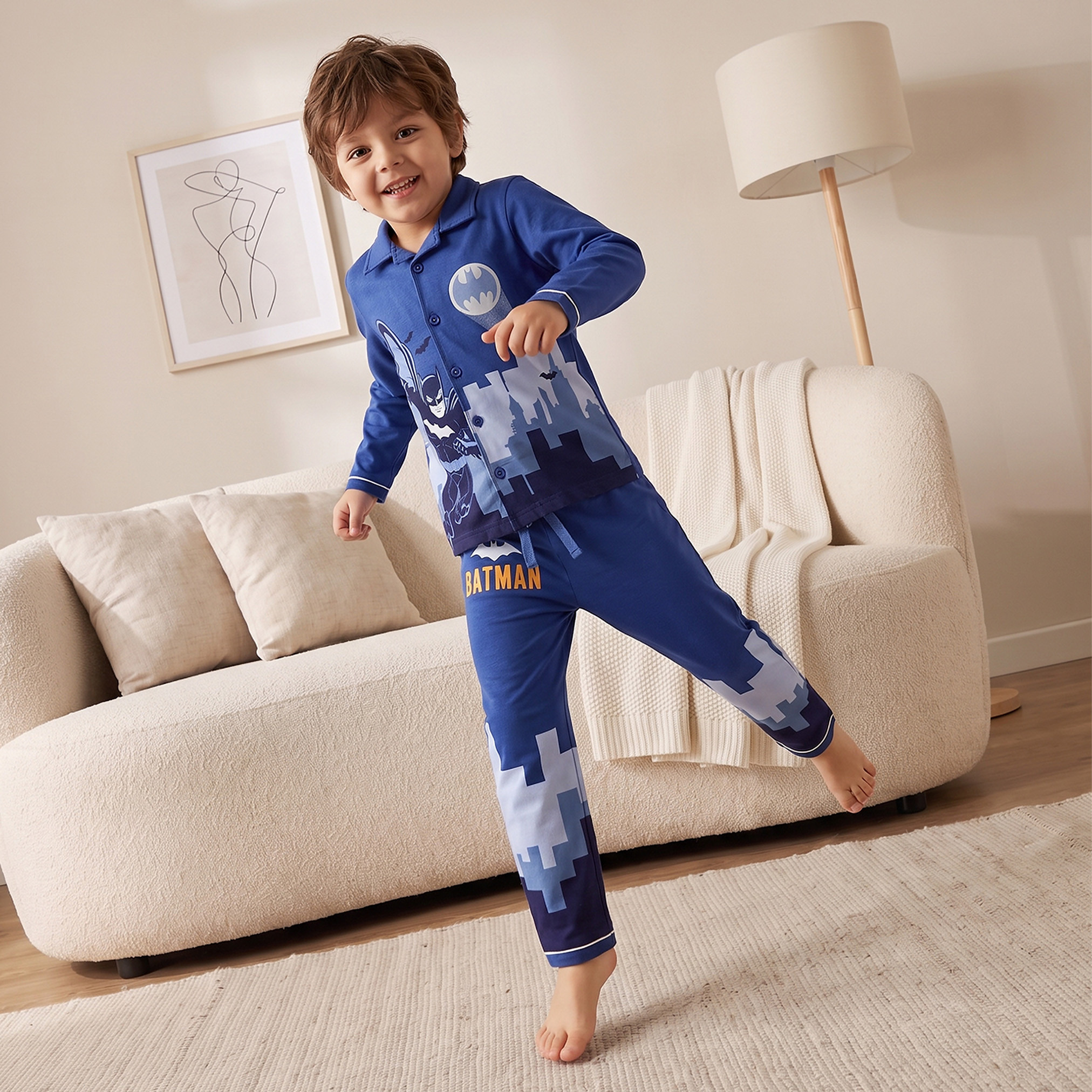 Cotton Collared Long Sleeves Pyjama Set with Batman Print-boys-clothing-nightwear-image-7