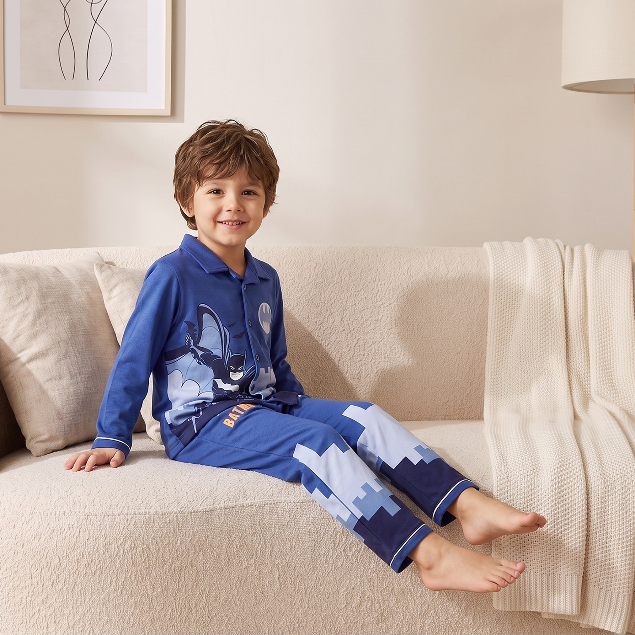 Cotton Collared Long Sleeves Pyjama Set with Batman Print-boys-clothing-nightwear-image-8