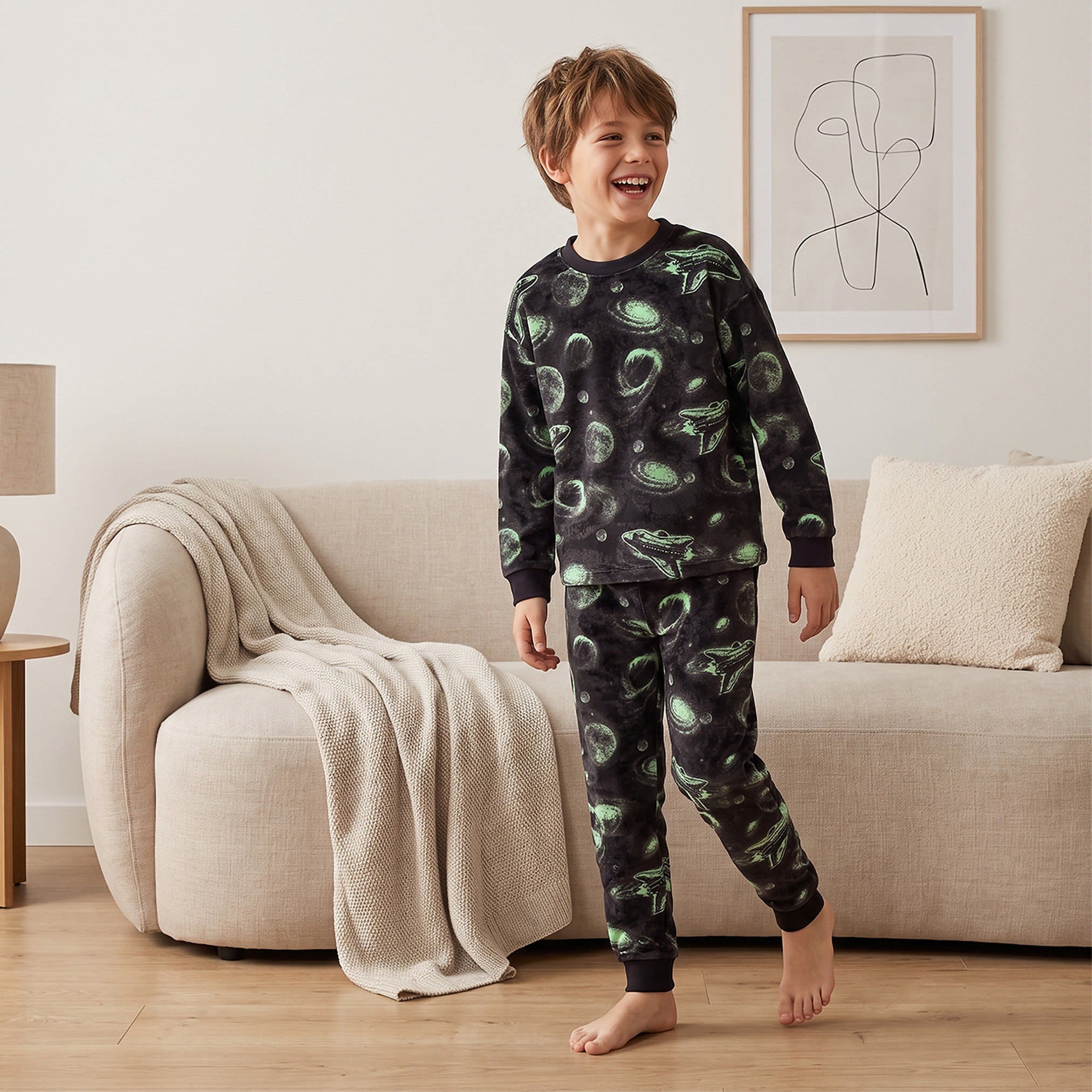 Juniors Cotton Crew Neck Long Sleeves Pyjama Set with Space Print-boys-clothing-nightwear-image-1
