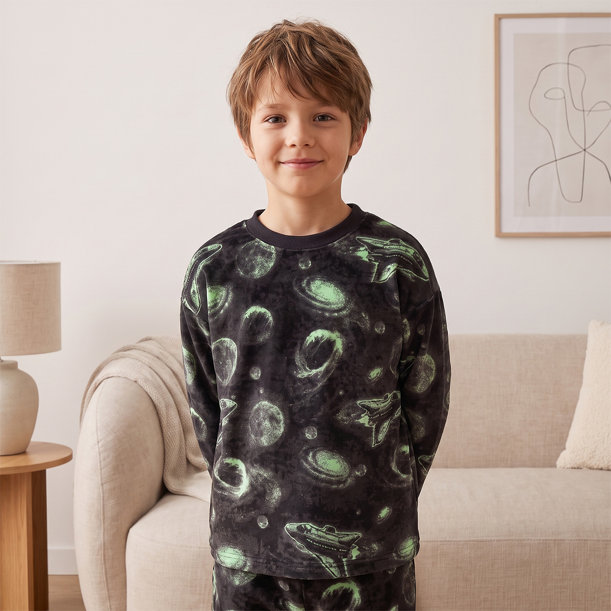 Juniors Cotton Crew Neck Long Sleeves Pyjama Set with Space Print-boys-clothing-nightwear-image-2