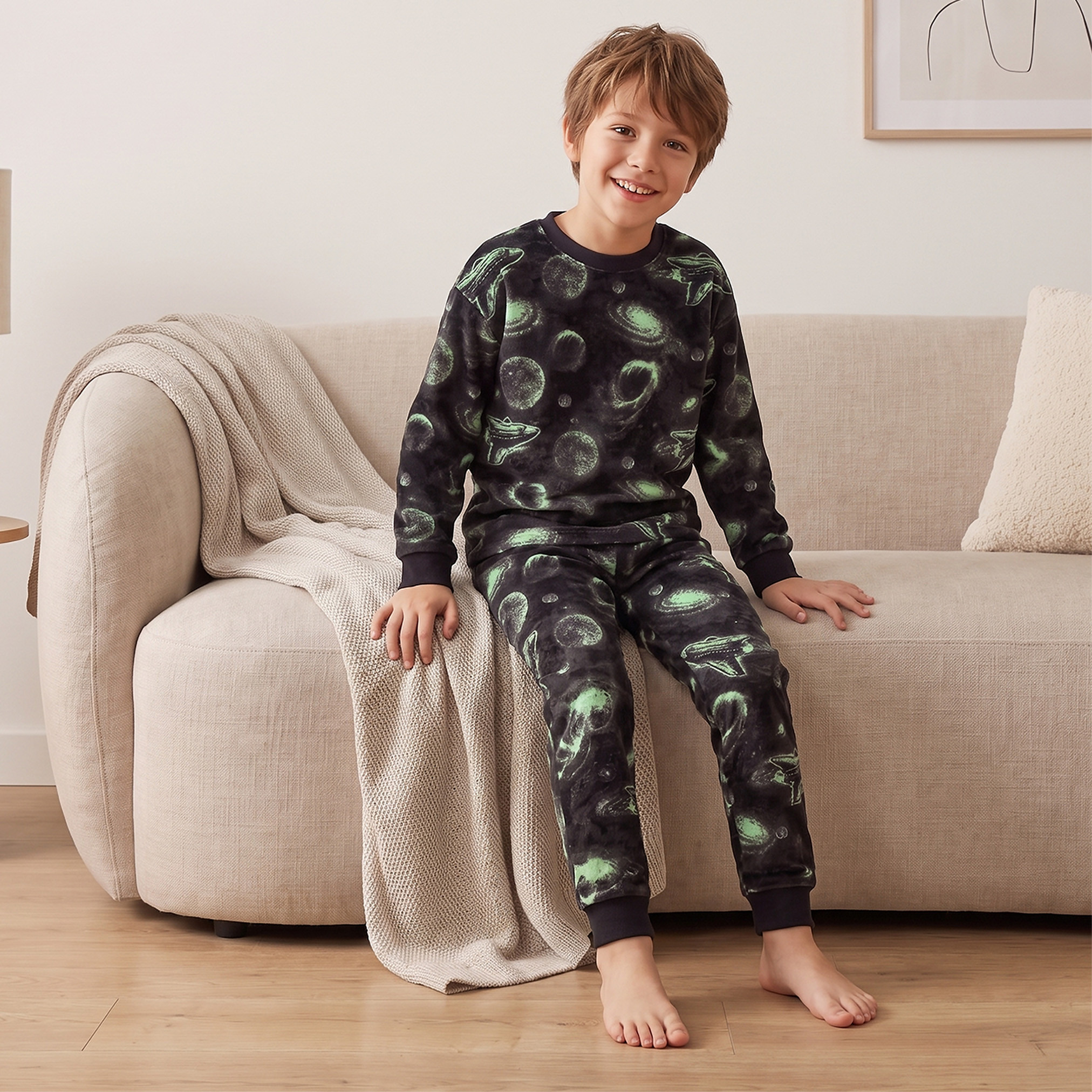 Juniors Cotton Crew Neck Long Sleeves Pyjama Set with Space Print-boys-clothing-nightwear-image-8