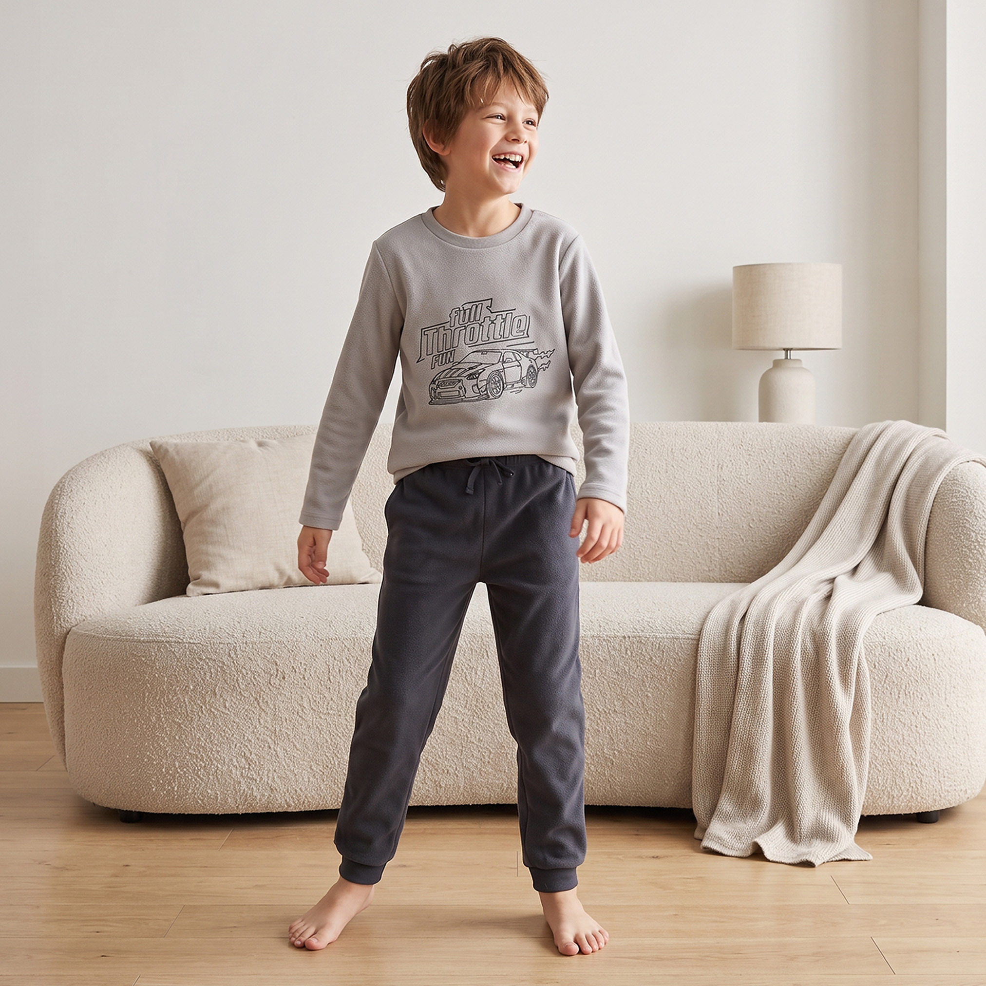 Juniors Crew Neck Long Sleeves Pyjama Set with Car Print-boys-clothing-nightwear-image-1