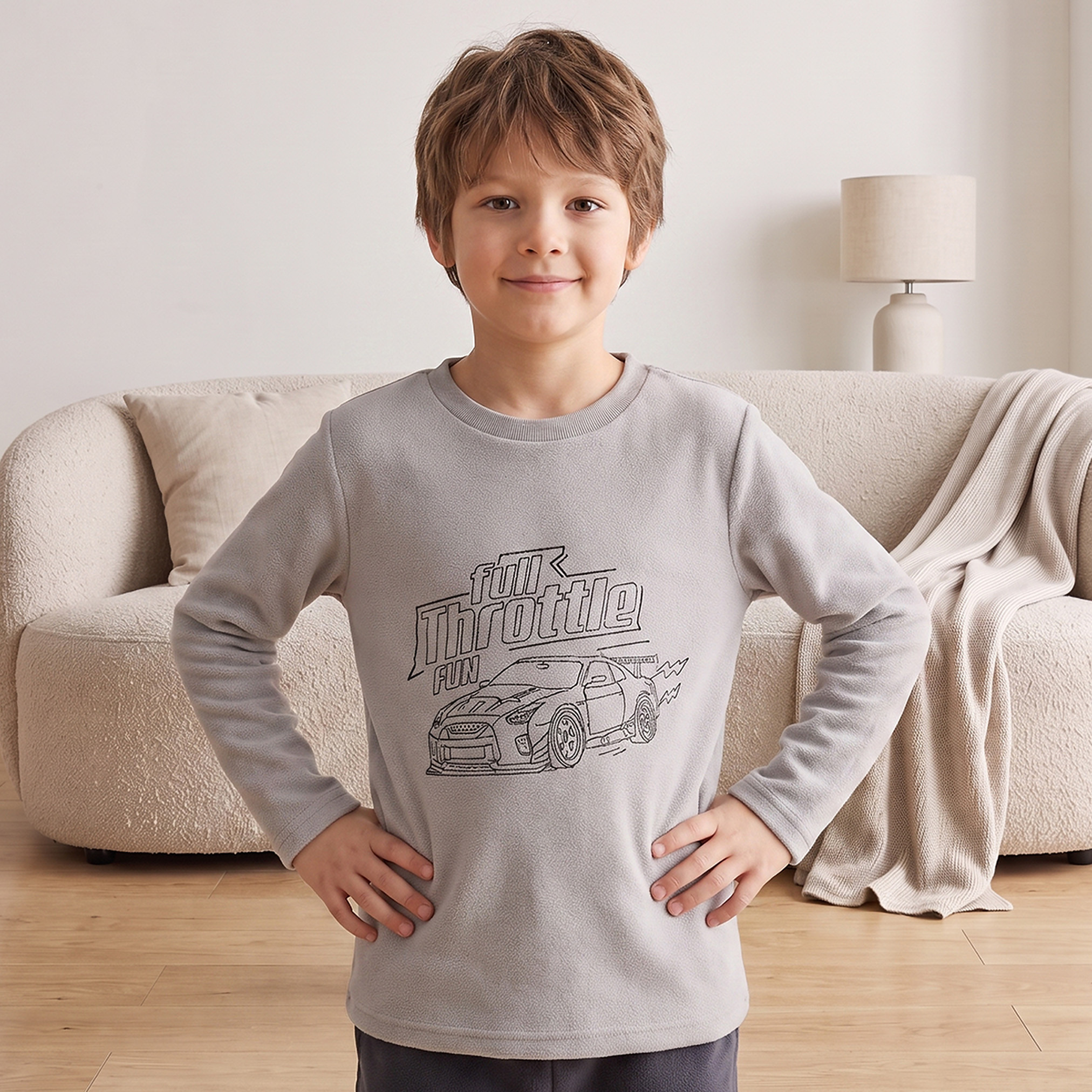 Juniors Crew Neck Long Sleeves Pyjama Set with Car Print-boys-clothing-nightwear-image-3