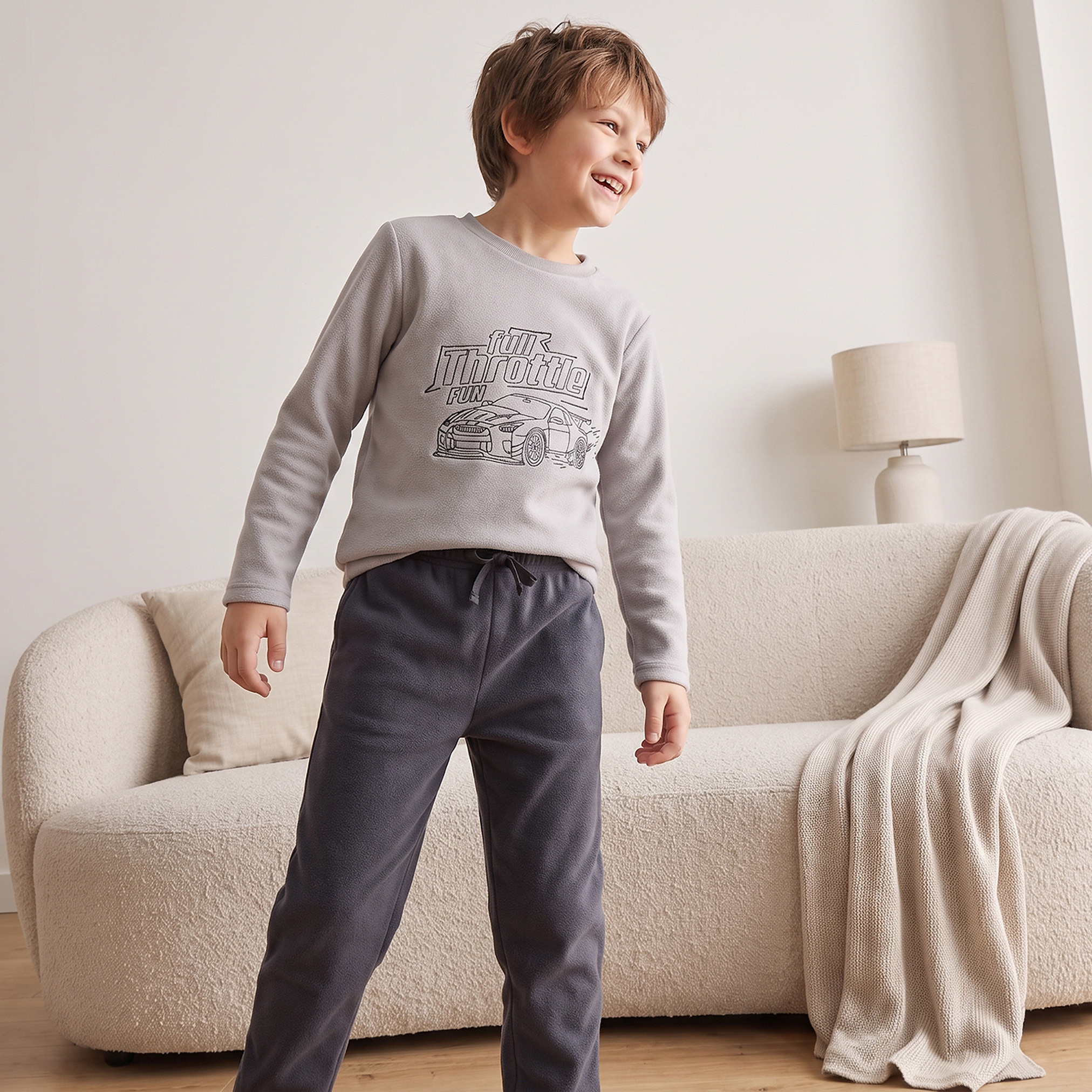 Juniors Crew Neck Long Sleeves Pyjama Set with Car Print-boys-clothing-nightwear-image-5