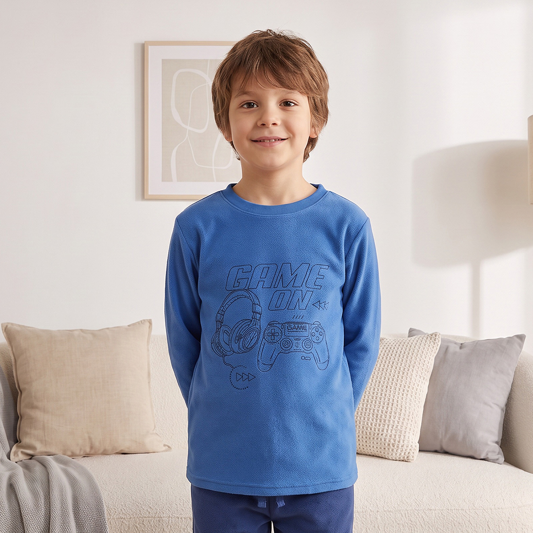 Juniors Crew Neck Long Sleeves Pyjama Set with Gaming Embroidery-boys-clothing-nightwear-image-2