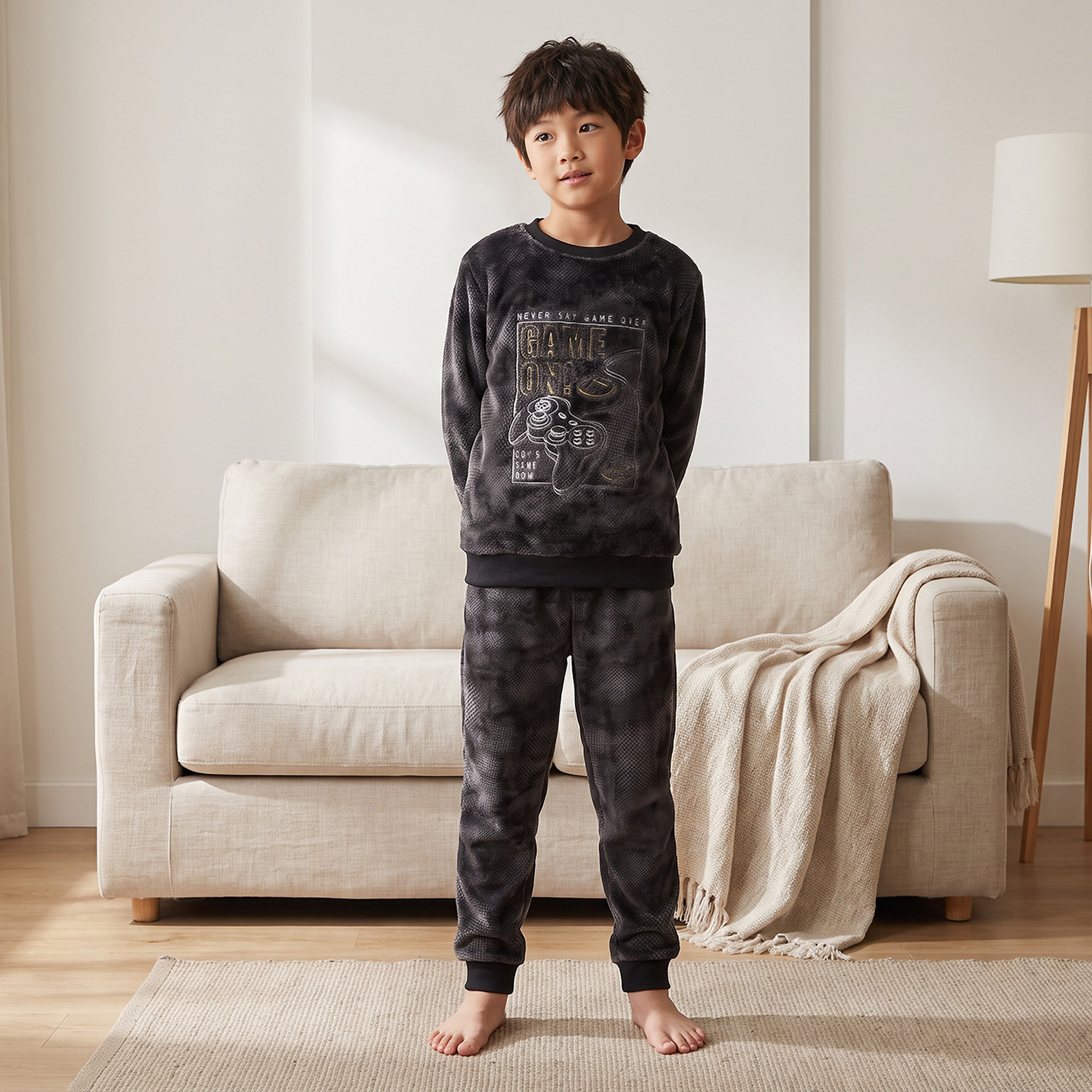 Juniors Crew Neck Long Sleeves Pyjama Set with Gaming Embroidery-boys-clothing-nightwear-image-1