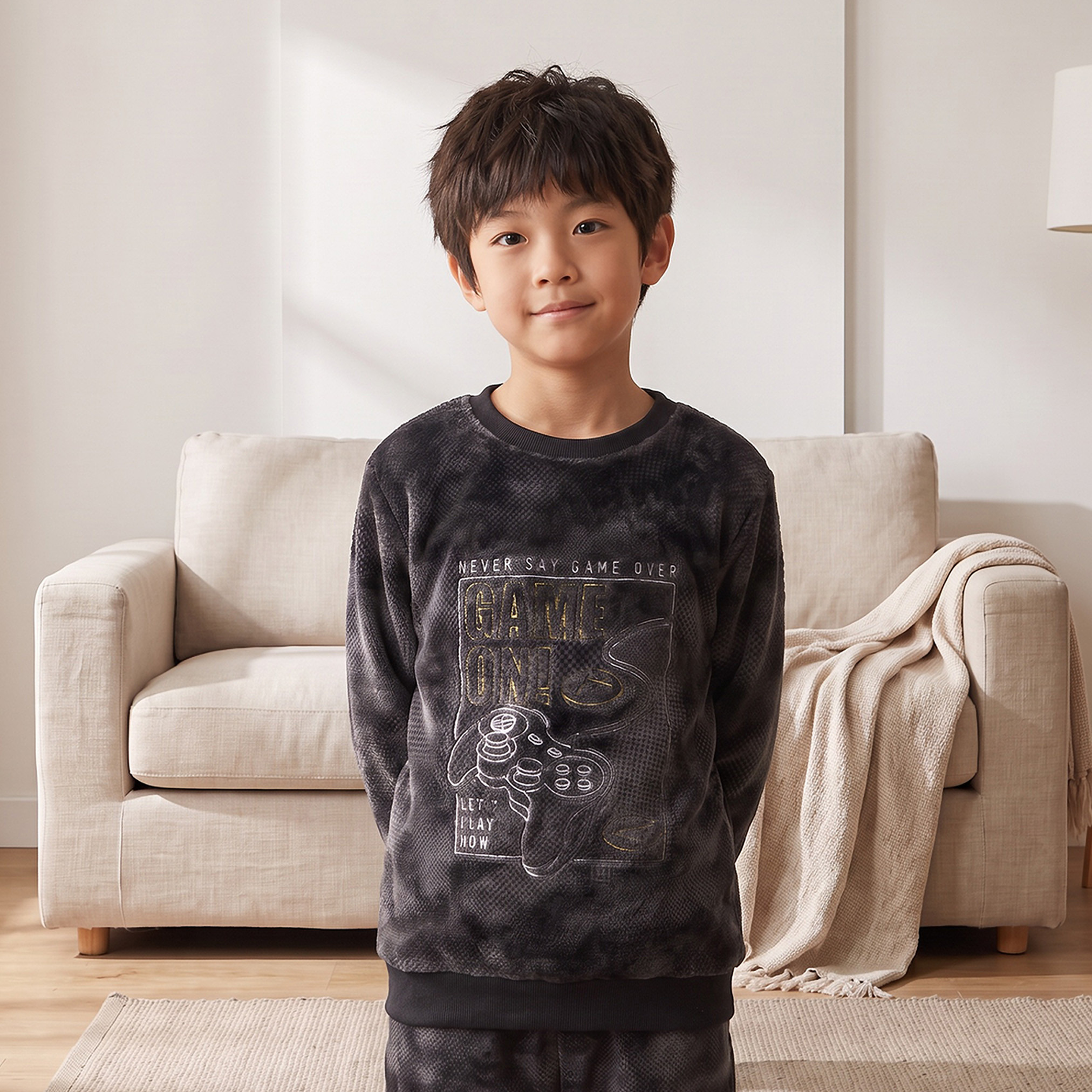 Juniors Crew Neck Long Sleeves Pyjama Set with Gaming Embroidery-boys-clothing-nightwear-image-2