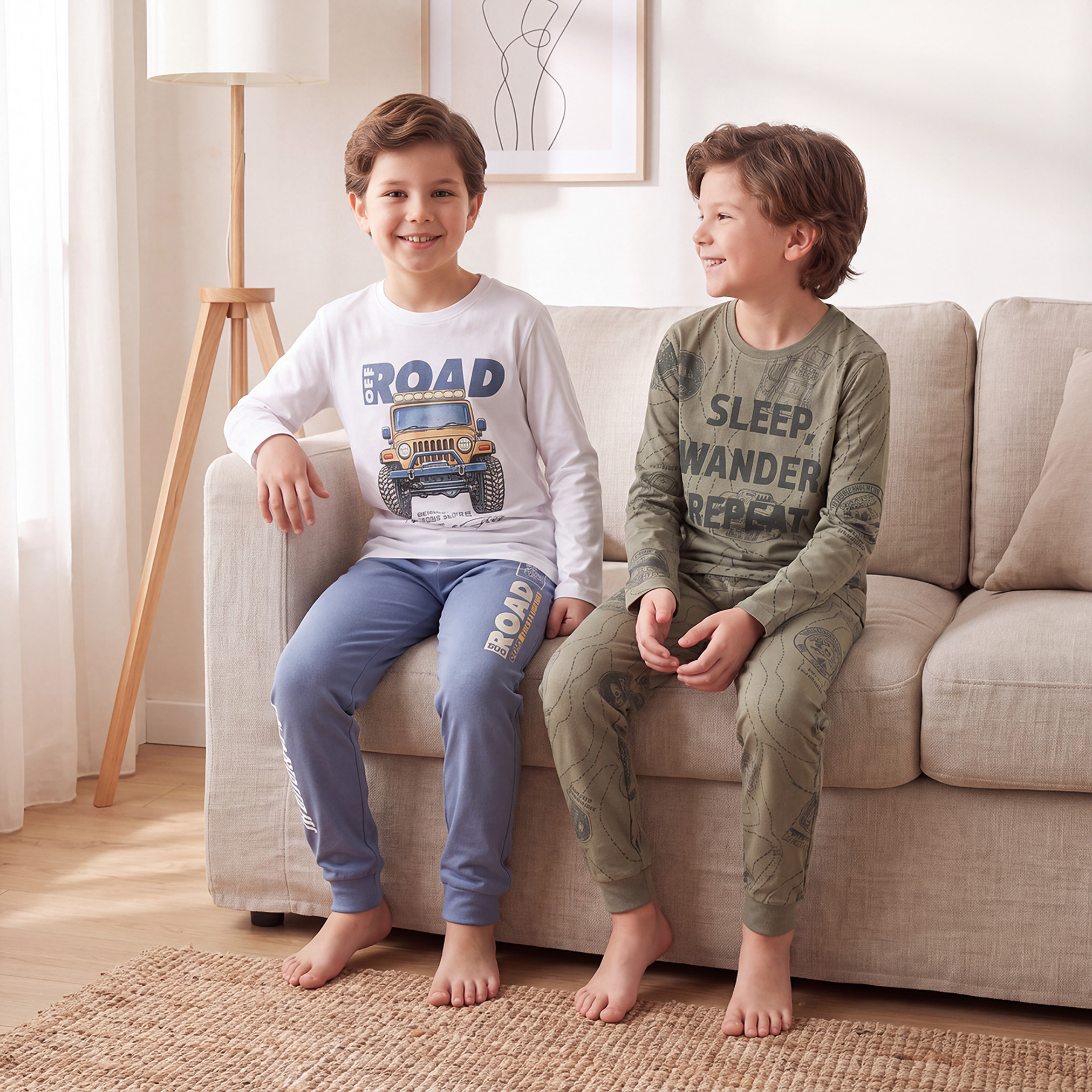 Pack of 2 Juniors Cotton Crew Neck Long Sleeves Pyjama Set with Graphic Print-boys-clothing-nightwear-image-1