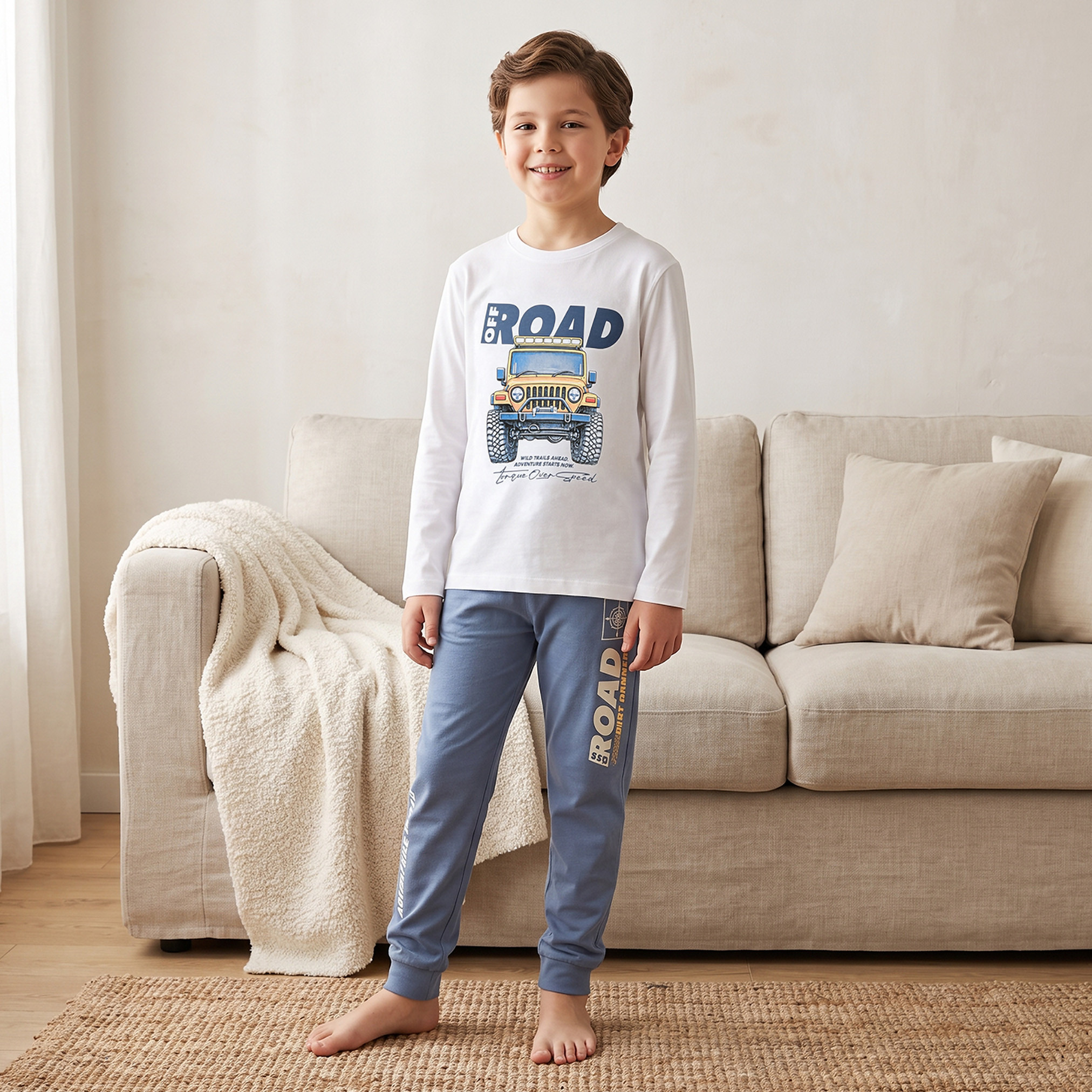 Pack of 2 Juniors Cotton Crew Neck Long Sleeves Pyjama Set with Graphic Print-boys-clothing-nightwear-image-3