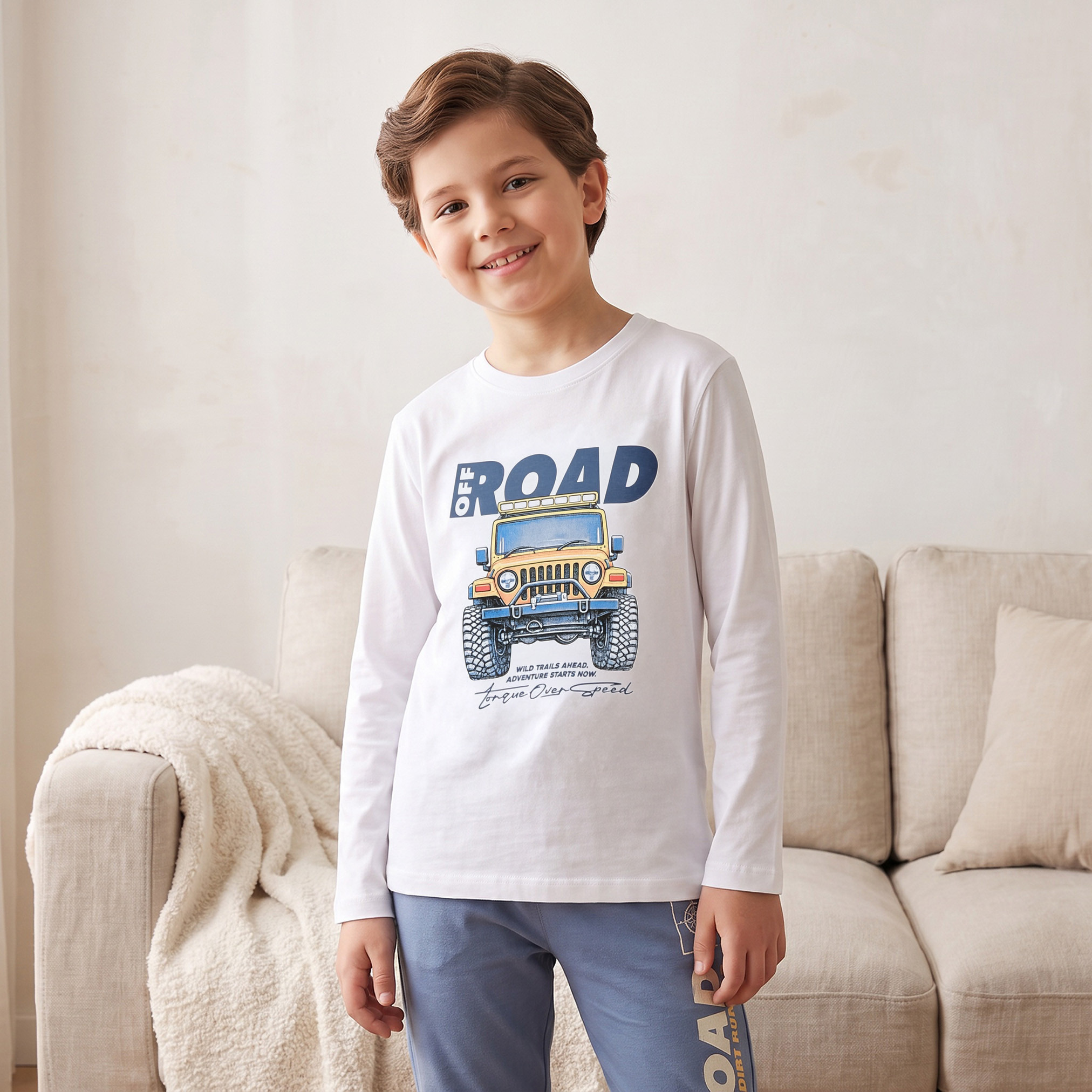 Pack of 2 Juniors Cotton Crew Neck Long Sleeves Pyjama Set with Graphic Print-boys-clothing-nightwear-image-4