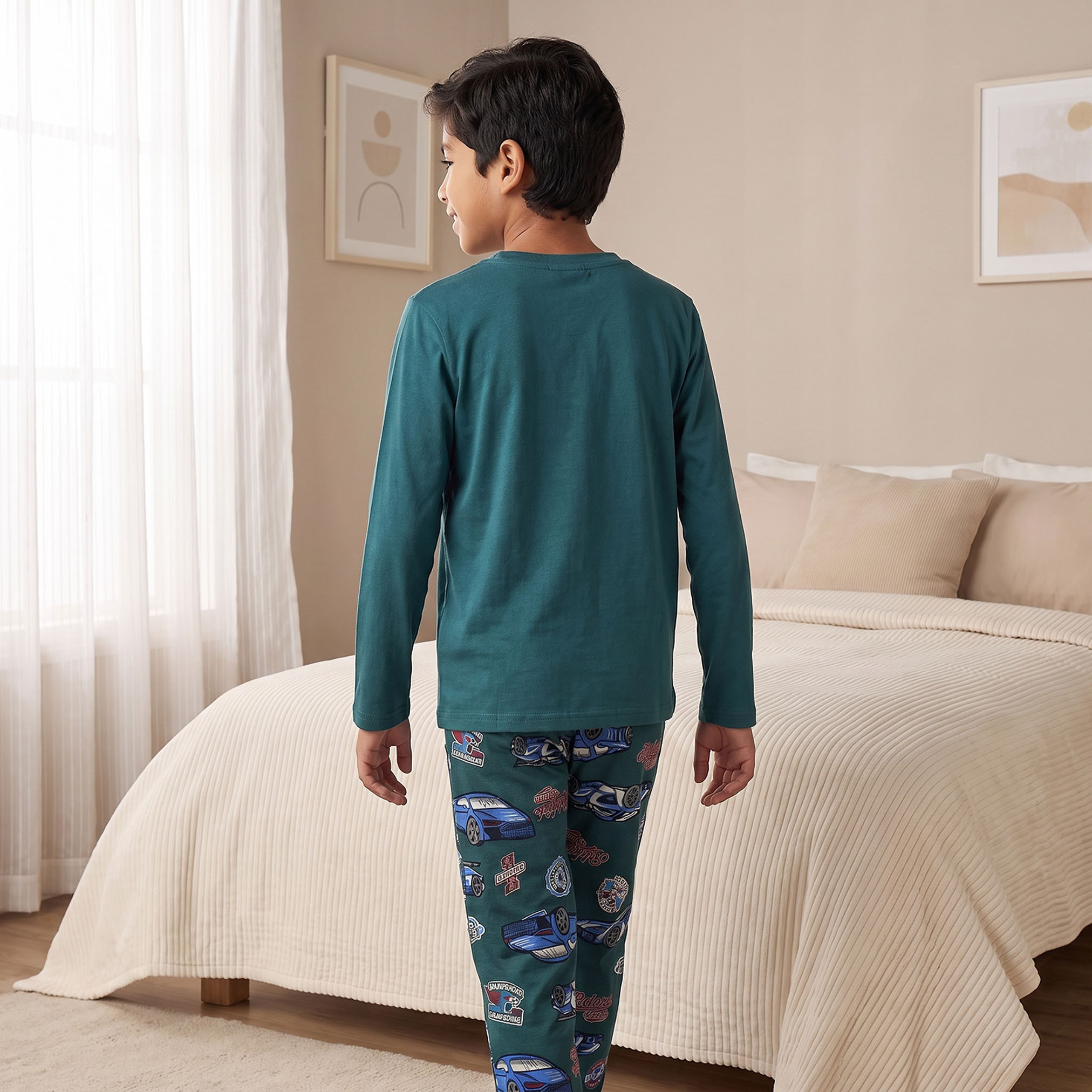 Juniors Cotton Crew Neck Long Sleeves Pyjama Set with Racing Print-boys-clothing-nightwear-image-2