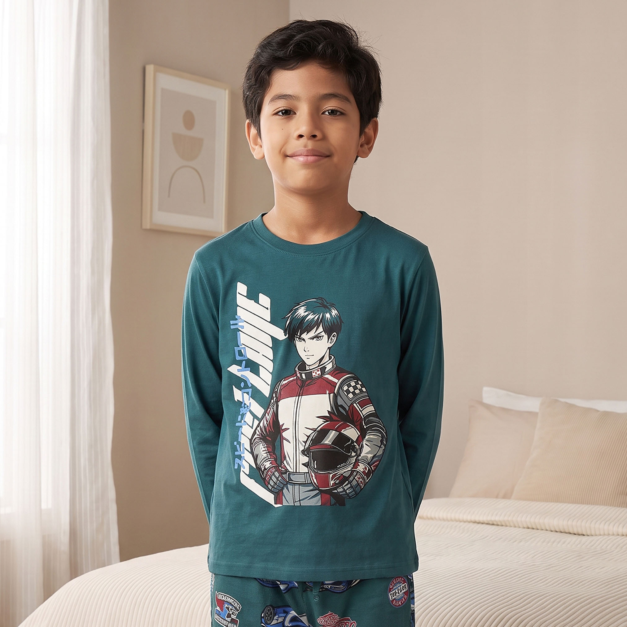 Juniors Cotton Crew Neck Long Sleeves Pyjama Set with Racing Print-boys-clothing-nightwear-image-3