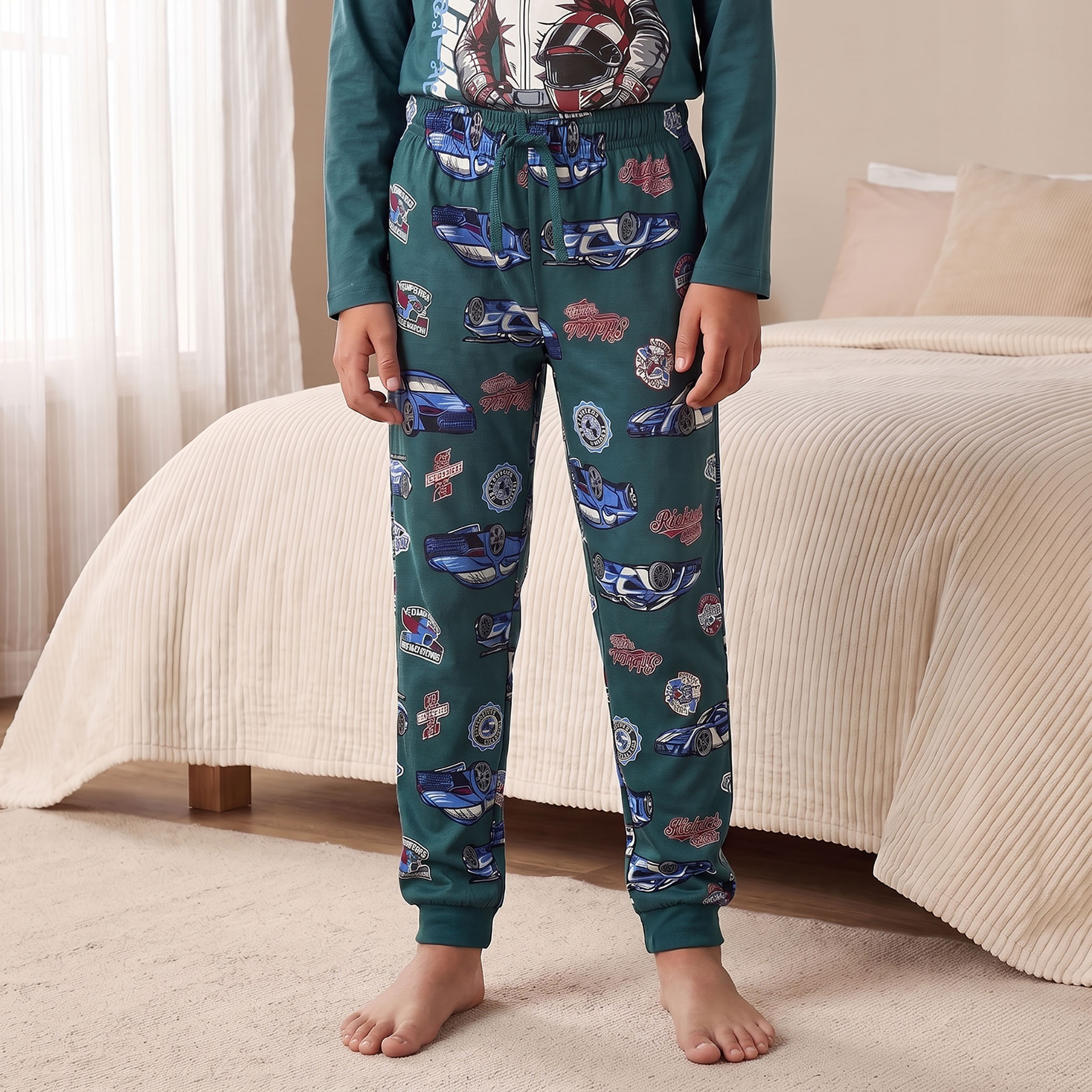 Juniors Cotton Crew Neck Long Sleeves Pyjama Set with Racing Print-boys-clothing-nightwear-image-4