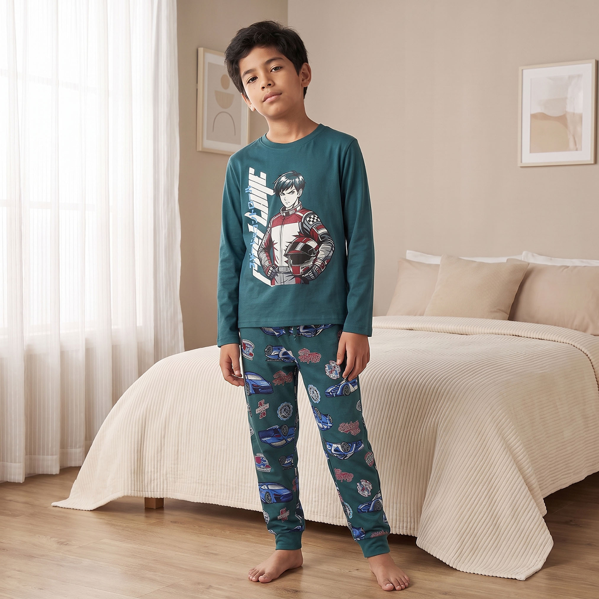 Juniors Cotton Crew Neck Long Sleeves Pyjama Set with Racing Print-boys-clothing-nightwear-image-5