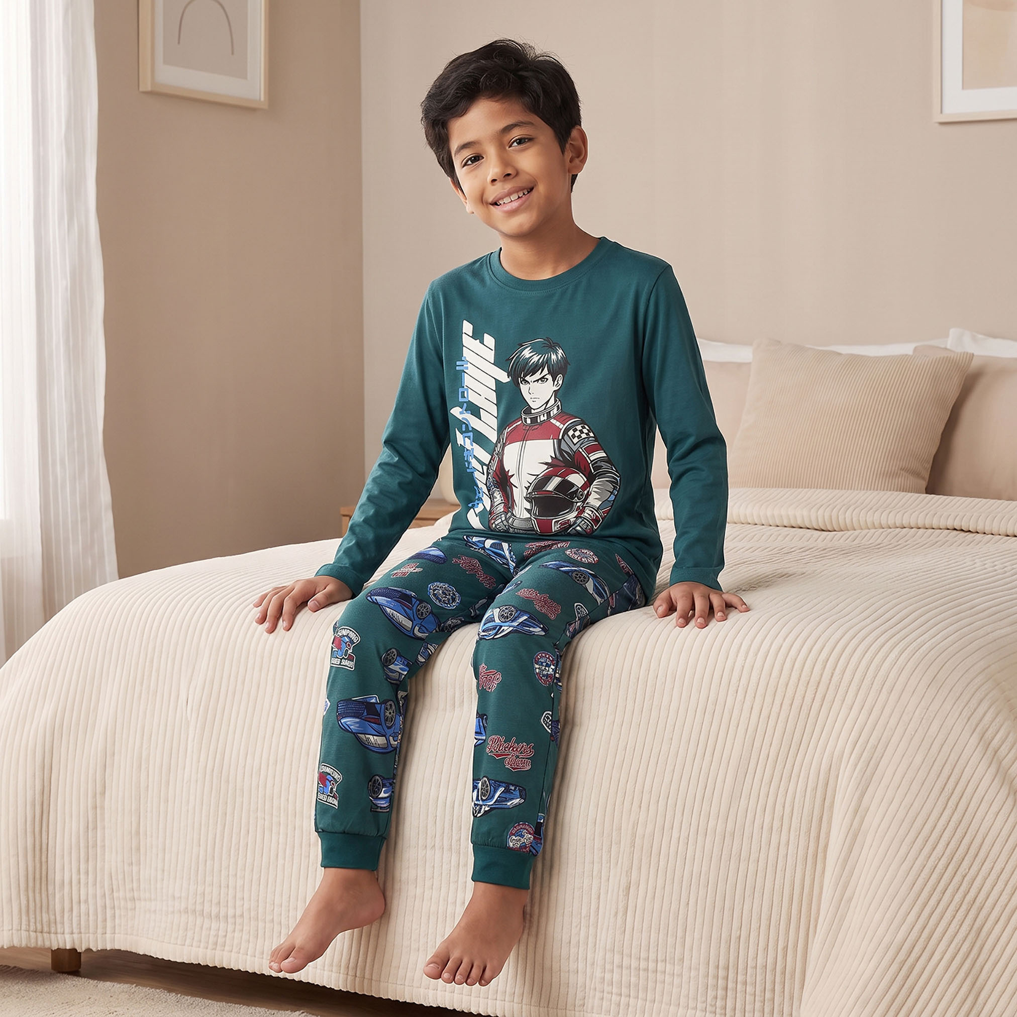 Juniors Cotton Crew Neck Long Sleeves Pyjama Set with Racing Print-boys-clothing-nightwear-image-6