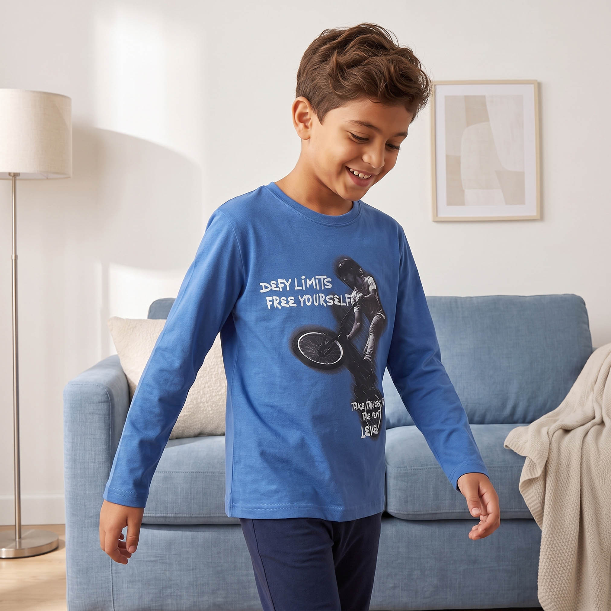 Juniors Cotton Crew Neck Long Sleeves Pyjama Set with Graphic Print-boys-clothing-nightwear-image-2