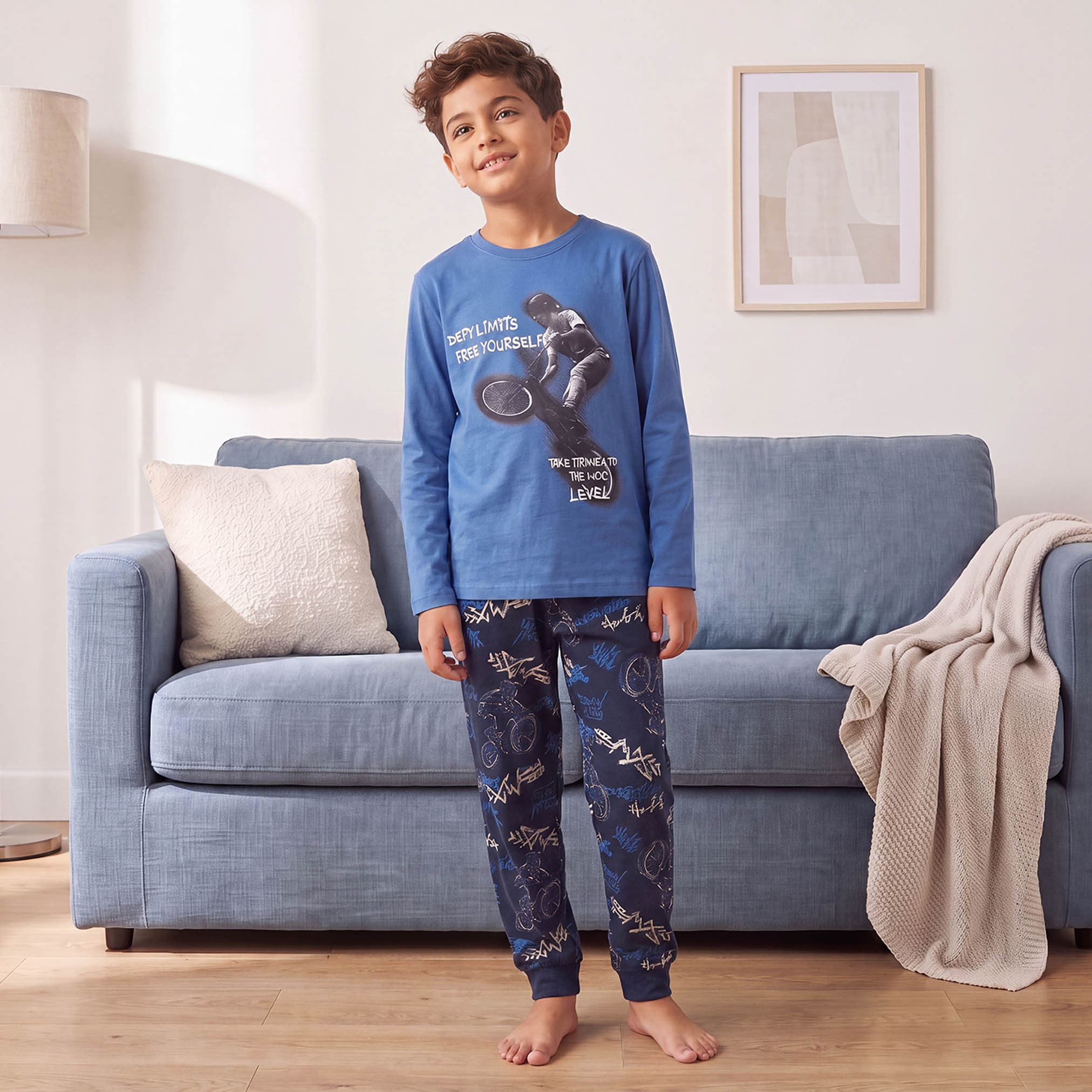 Juniors Cotton Crew Neck Long Sleeves Pyjama Set with Graphic Print-boys-clothing-nightwear-image-5