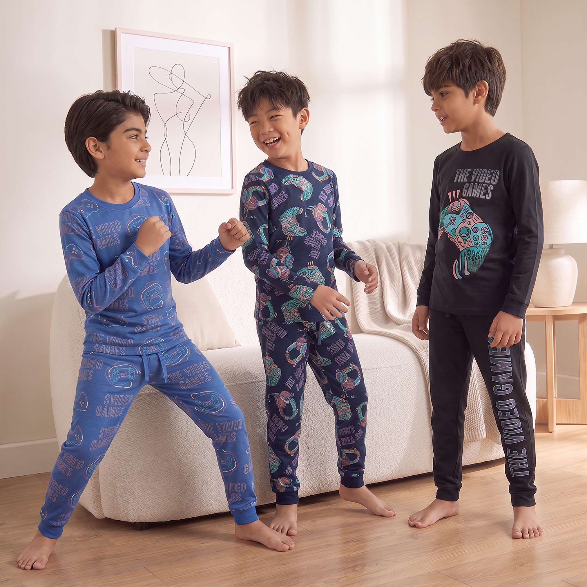 Pack of 3 Juniors Cotton Crew Neck Long Sleeves Pyjama Set with Gaming Print-boys-clothing-nightwear-image-1