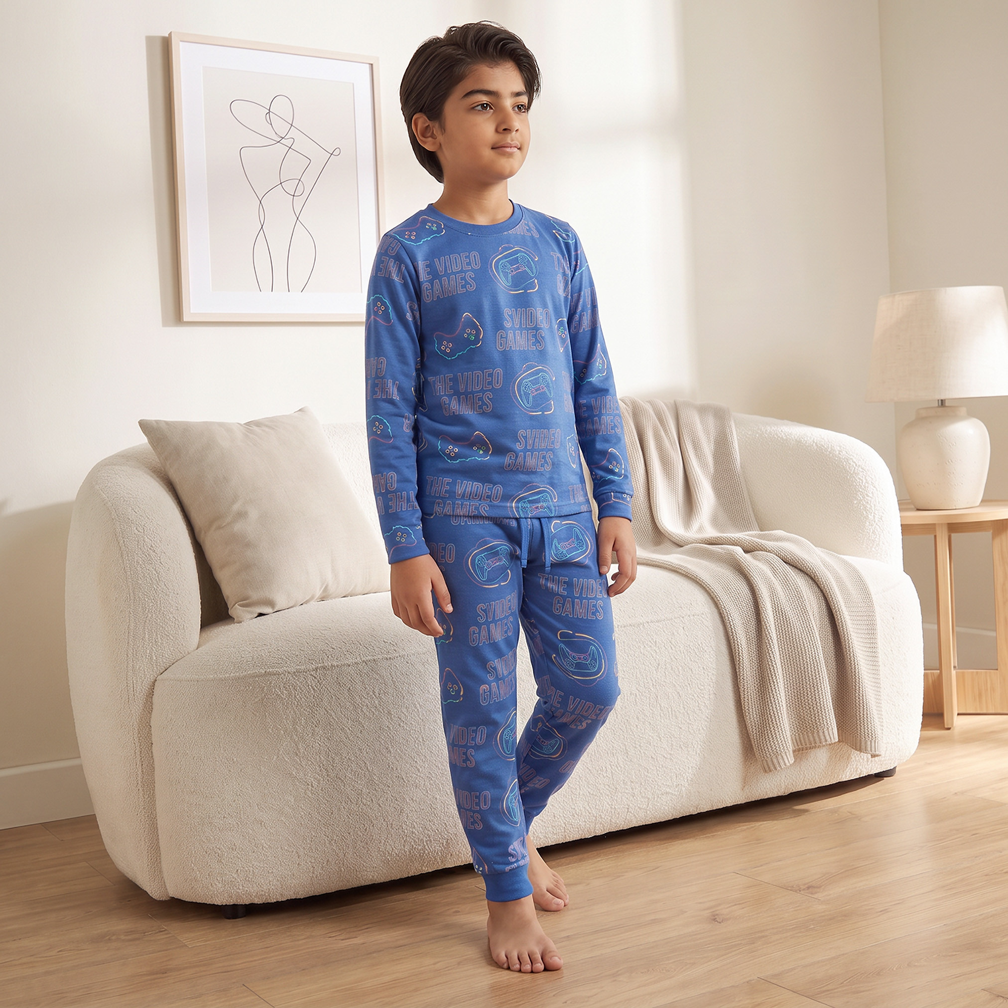 Pack of 3 Juniors Cotton Crew Neck Long Sleeves Pyjama Set with Gaming Print-boys-clothing-nightwear-image-2