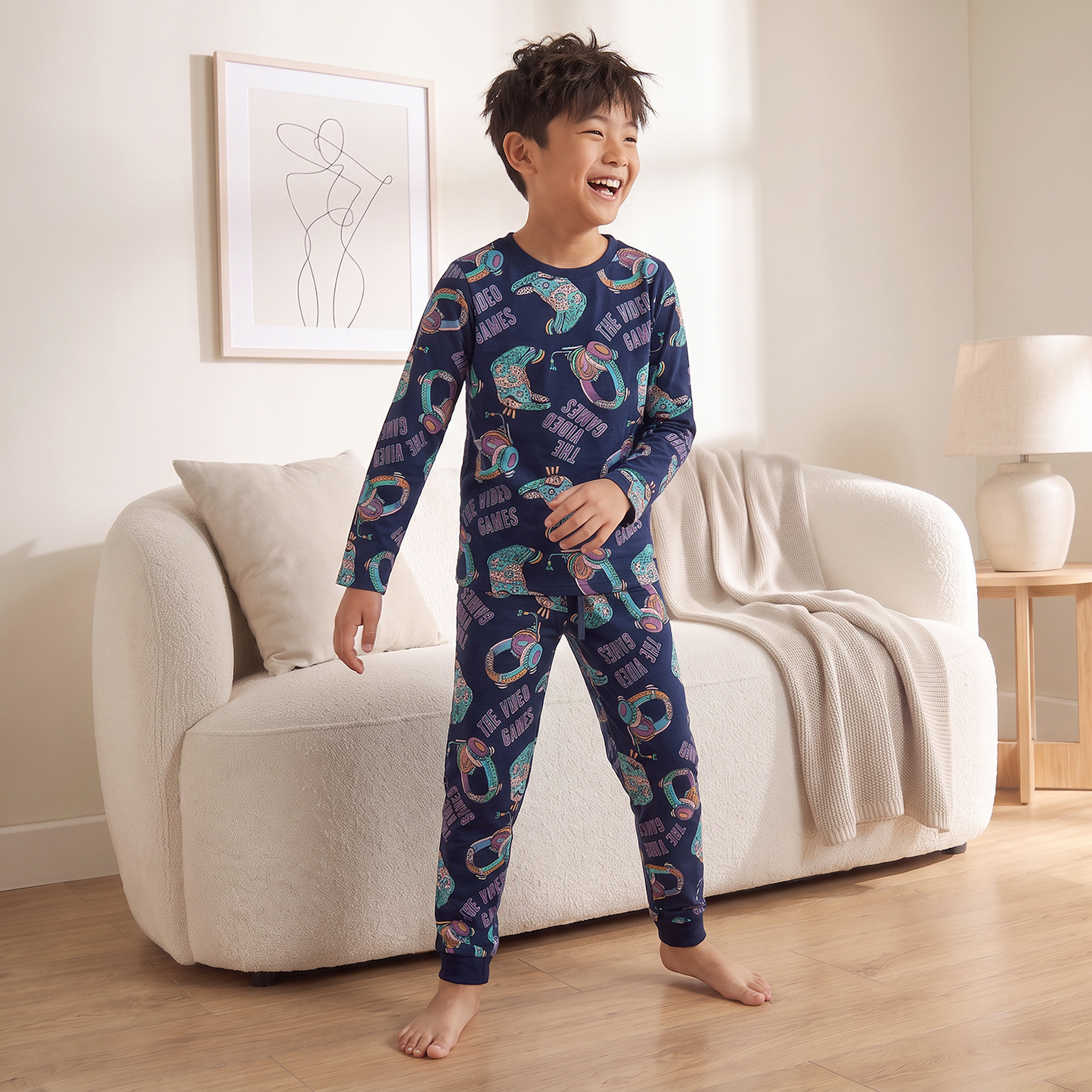 Pack of 3 Juniors Cotton Crew Neck Long Sleeves Pyjama Set with Gaming Print-boys-clothing-nightwear-image-3
