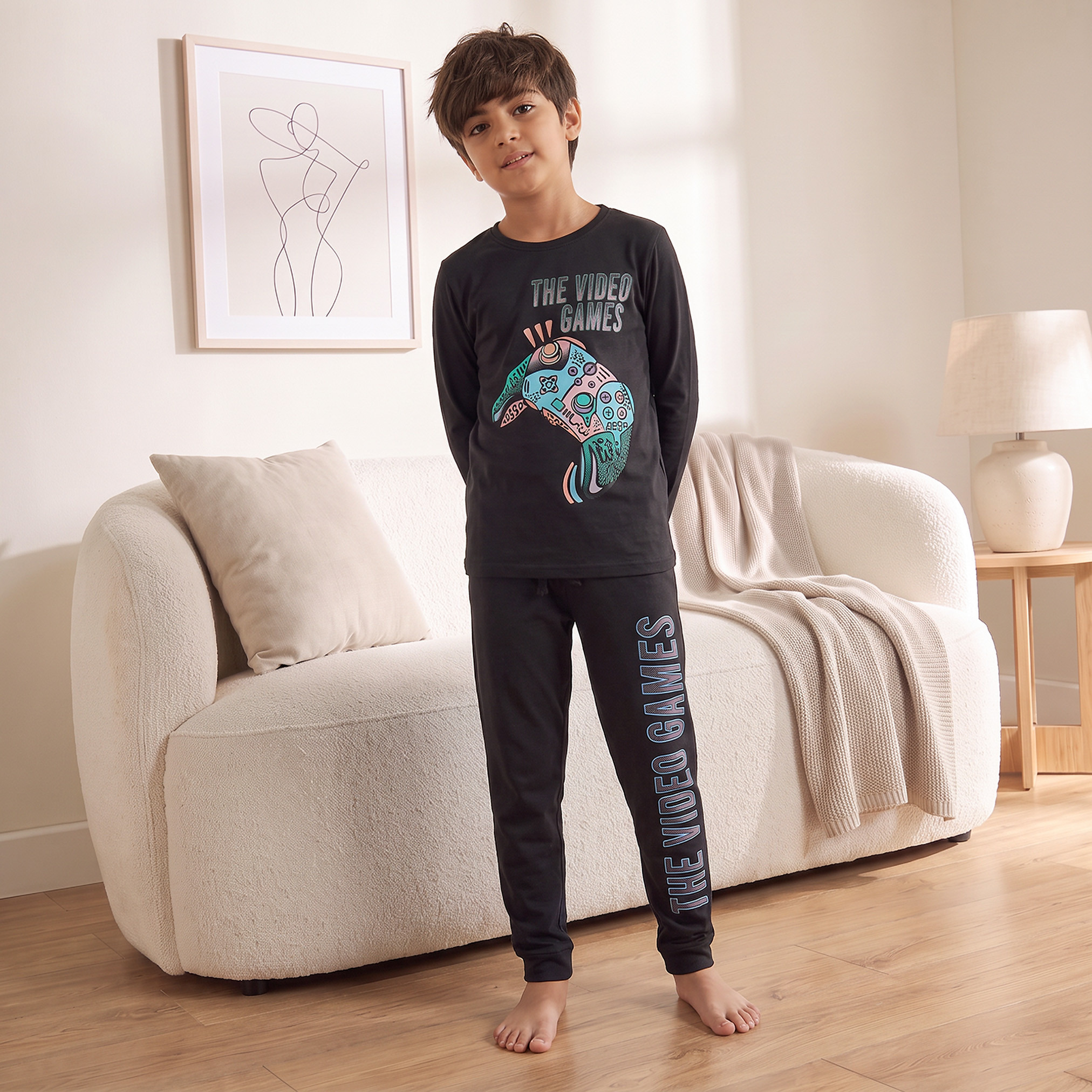 Pack of 3 Juniors Cotton Crew Neck Long Sleeves Pyjama Set with Gaming Print-boys-clothing-nightwear-image-4