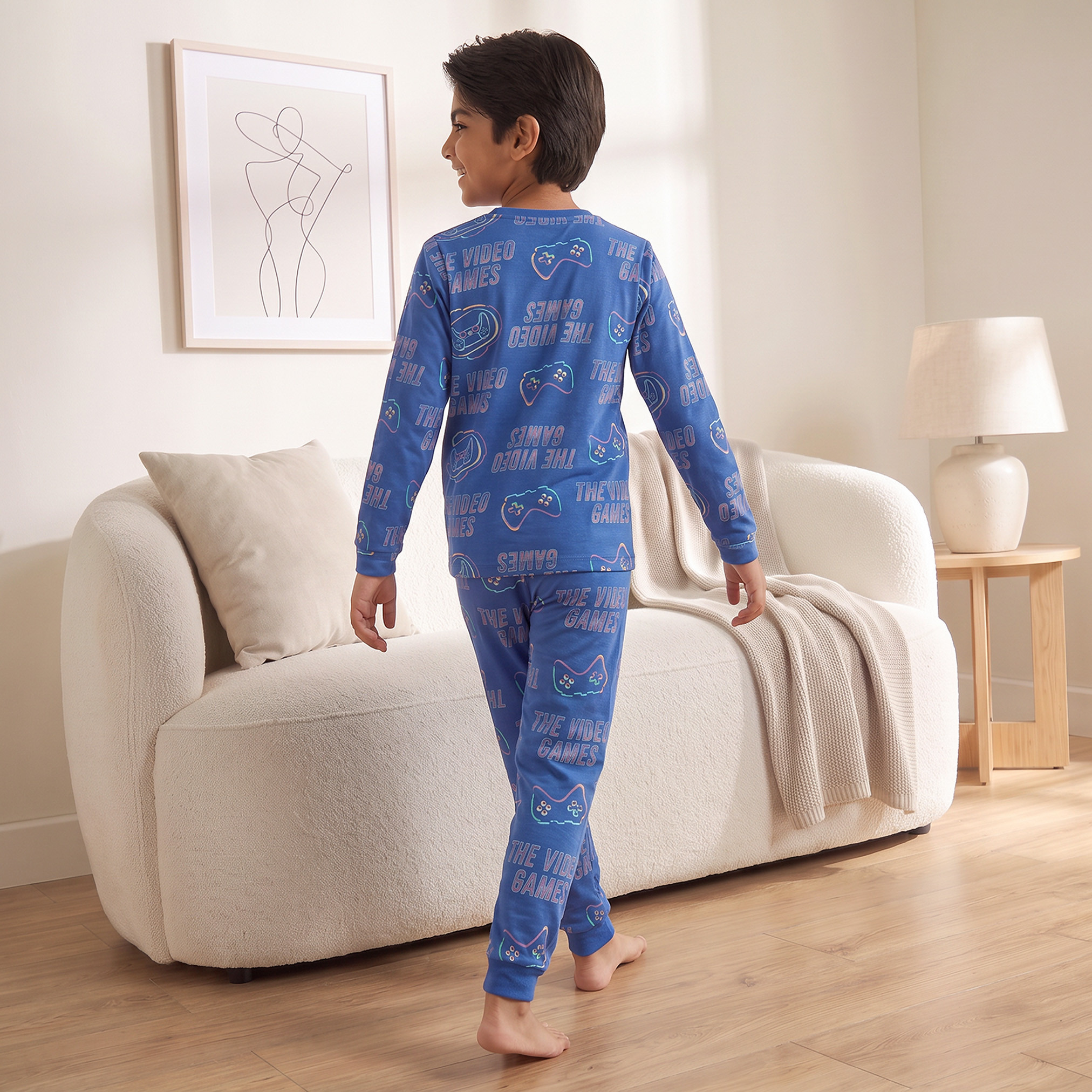 Pack of 3 Juniors Cotton Crew Neck Long Sleeves Pyjama Set with Gaming Print-boys-clothing-nightwear-image-5