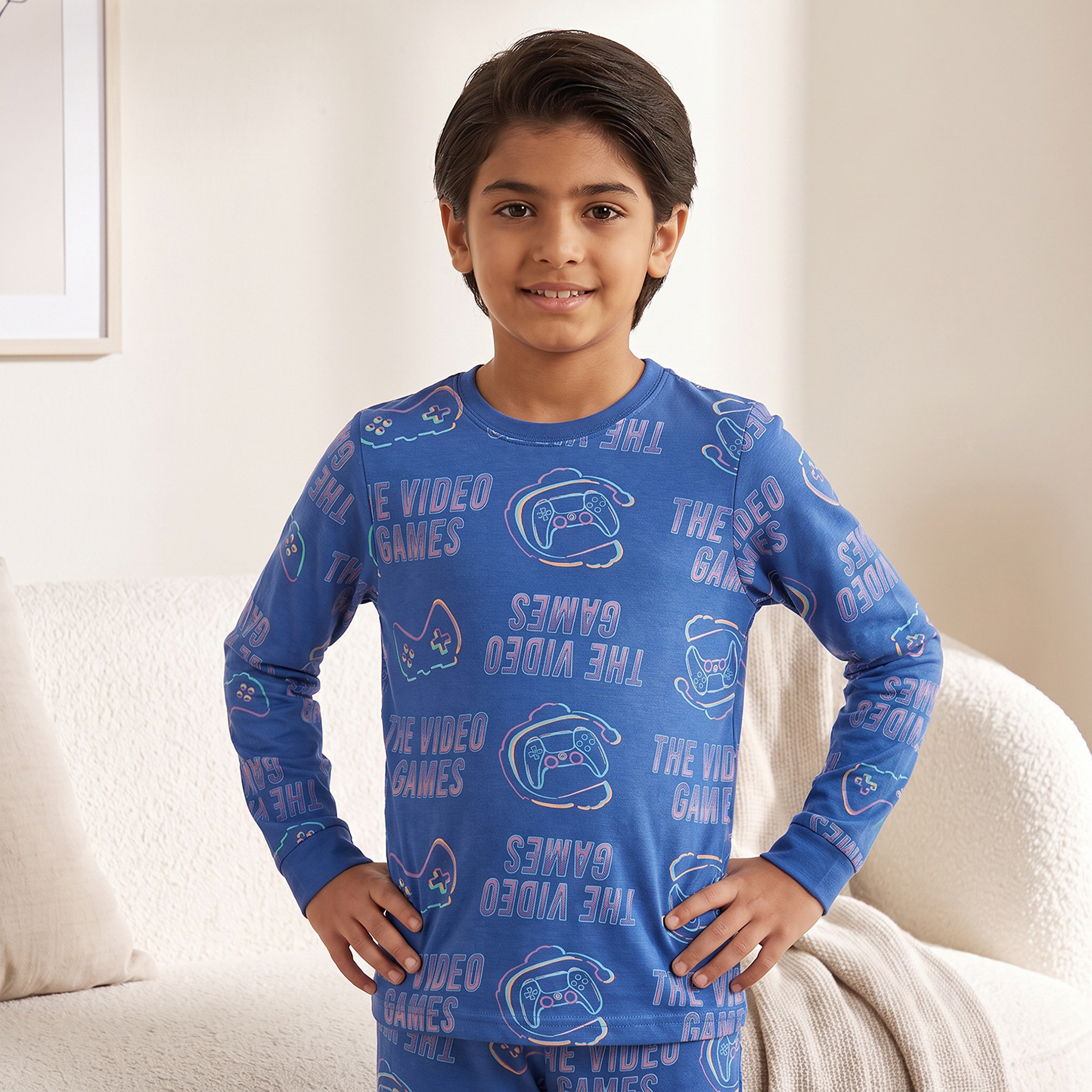Pack of 3 Juniors Cotton Crew Neck Long Sleeves Pyjama Set with Gaming Print-boys-clothing-nightwear-image-6