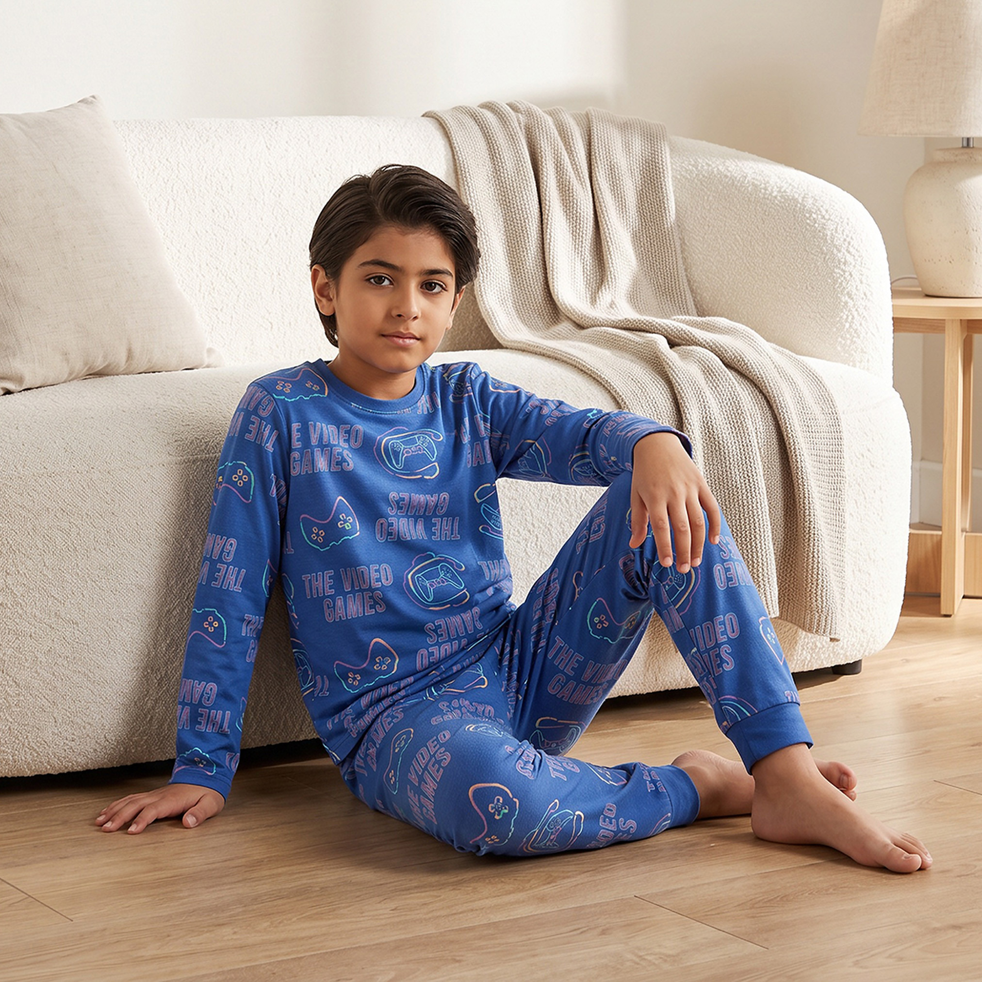 Pack of 3 Juniors Cotton Crew Neck Long Sleeves Pyjama Set with Gaming Print-boys-clothing-nightwear-image-8