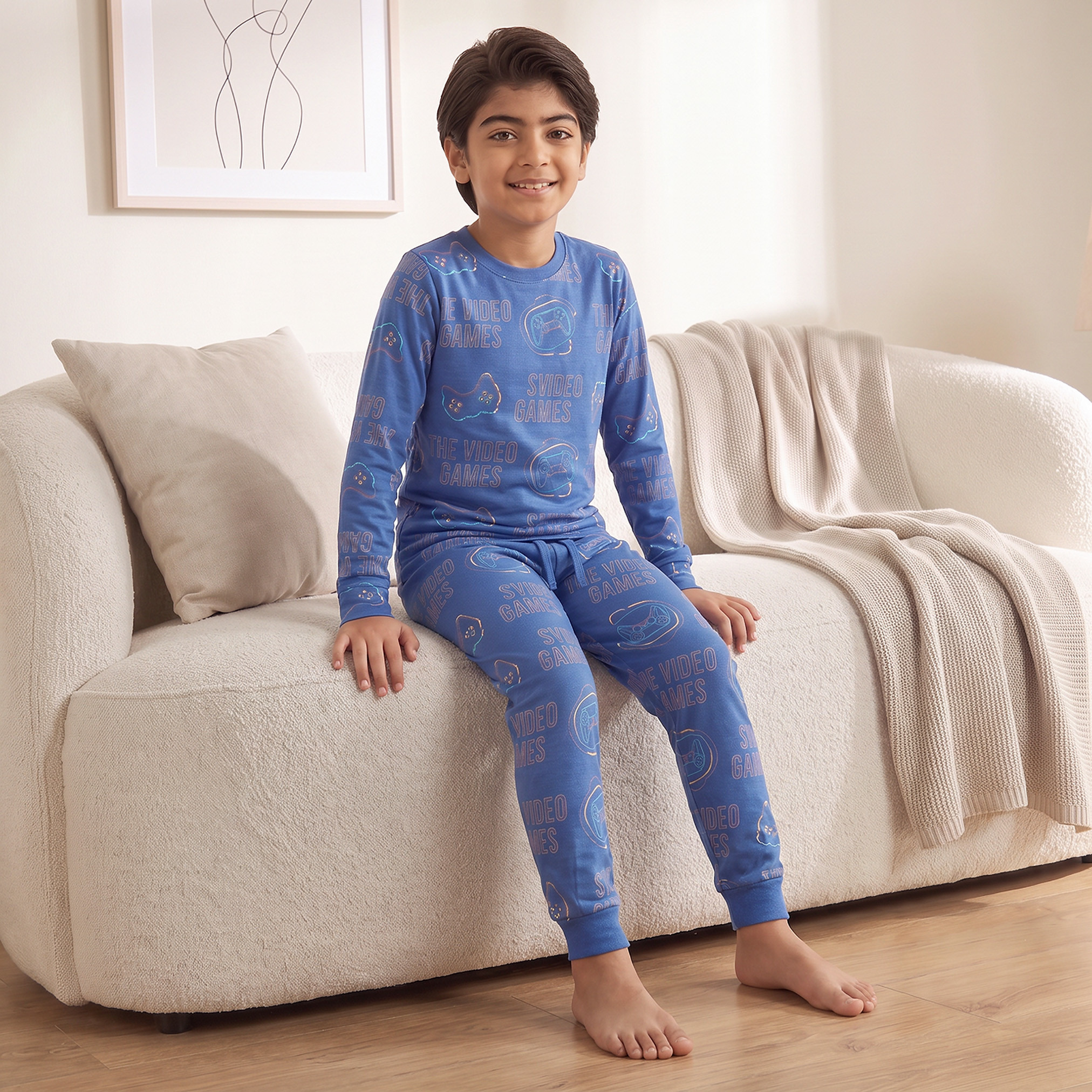 Pack of 3 Juniors Cotton Crew Neck Long Sleeves Pyjama Set with Gaming Print-boys-clothing-nightwear-image-9