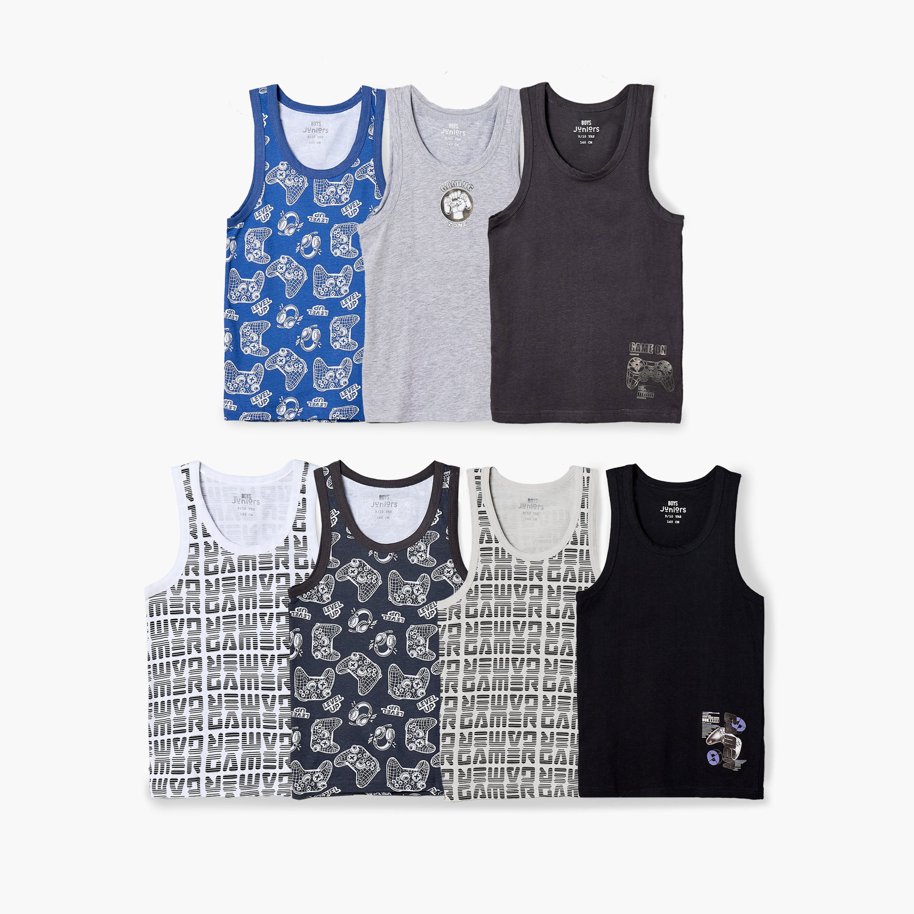 طقم فيست قطن بياقة مستديرة وطبعات ألعاب من جونيورز - 7 قطع-boys-clothing-innerwear-vests-image-1